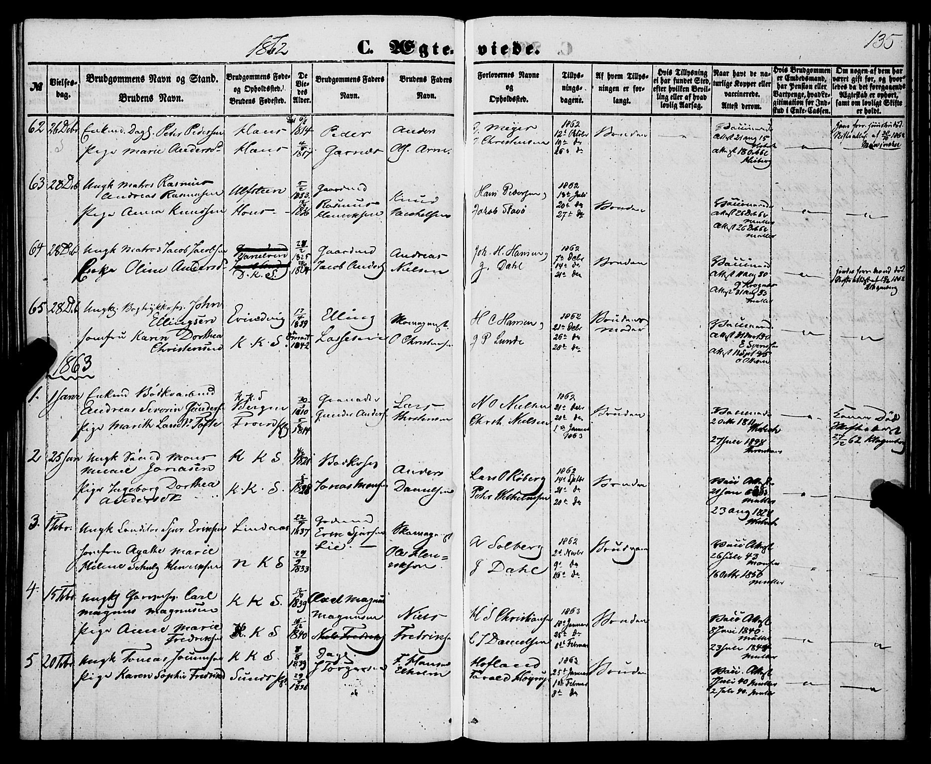 Korskirken sokneprestembete, AV/SAB-A-76101/H/Haa/L0035: Parish register (official) no. D 2, 1852-1867, p. 135