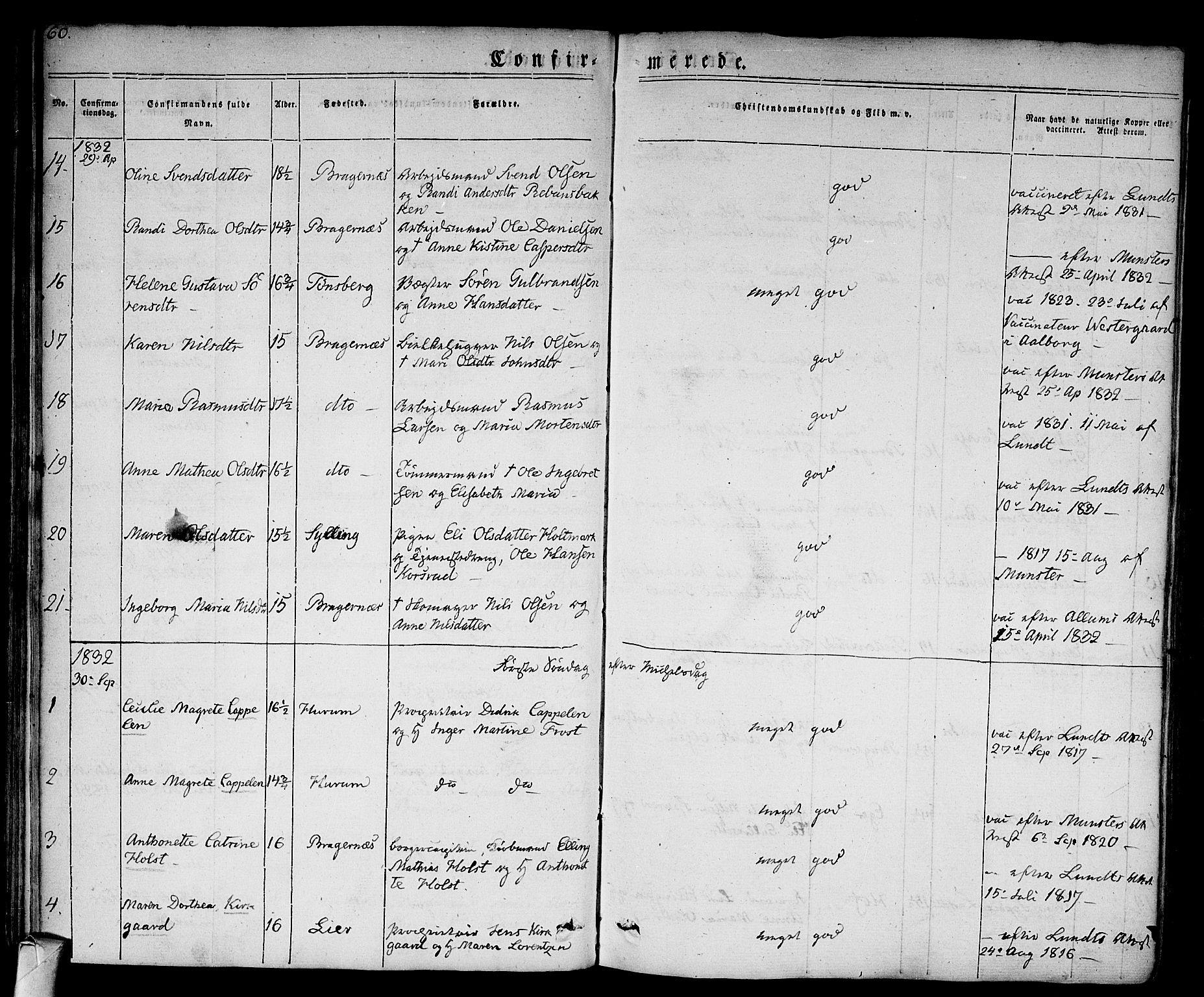 Bragernes kirkebøker, SAKO/A-6/F/Fc/L0001: Parish register (official) no. III 1, 1830-1853, p. 60
