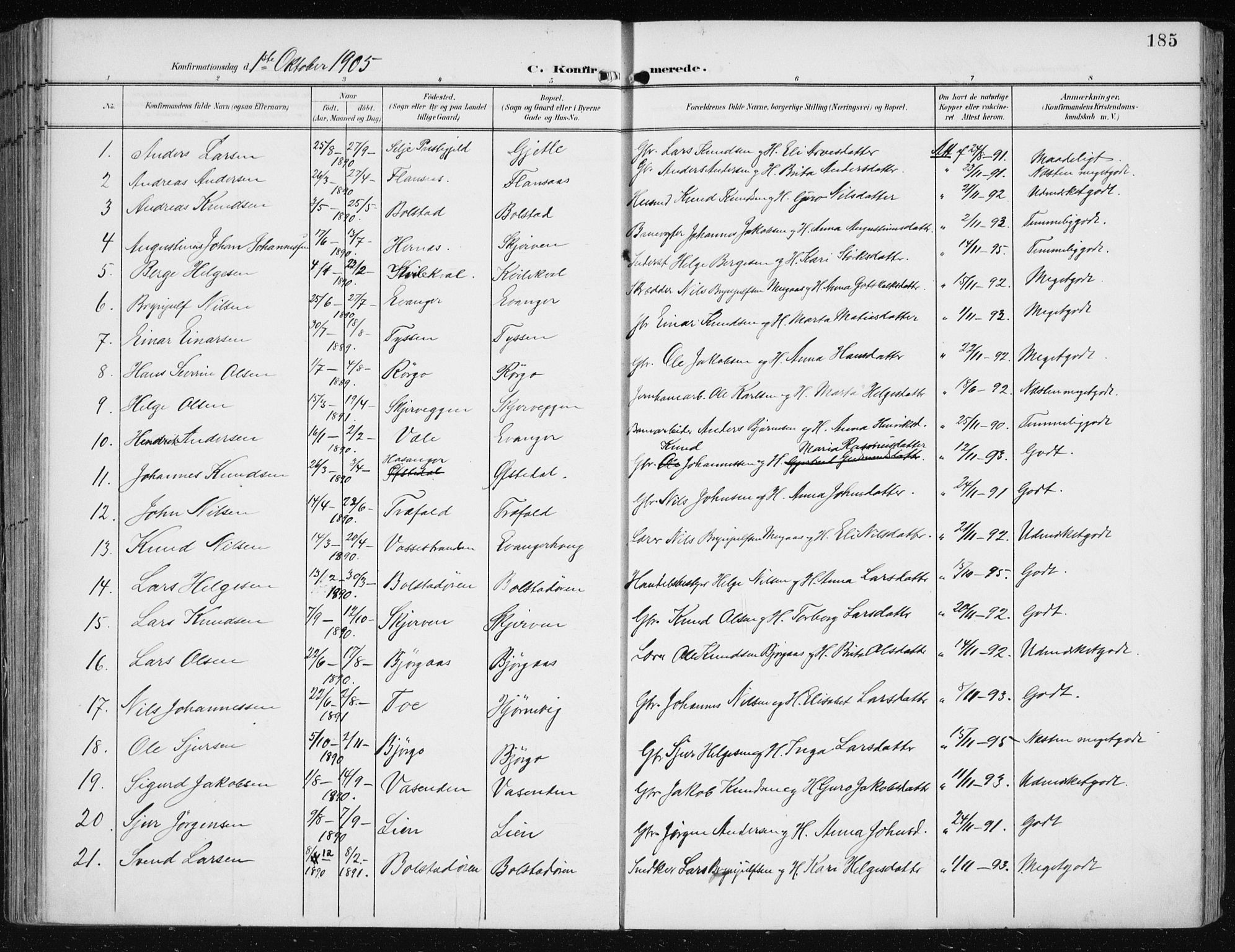 Evanger sokneprestembete, SAB/A-99924: Parish register (official) no. A  3, 1900-1930, p. 185