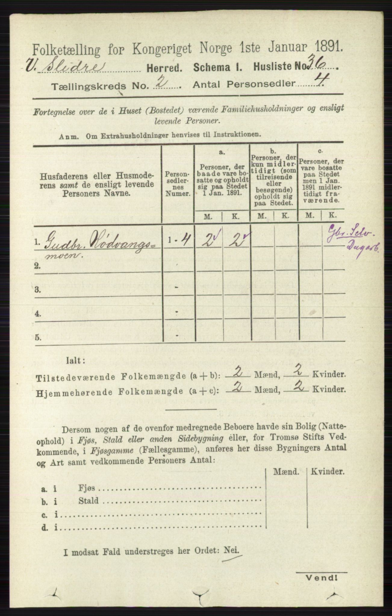 RA, 1891 census for 0543 Vestre Slidre, 1891, p. 497