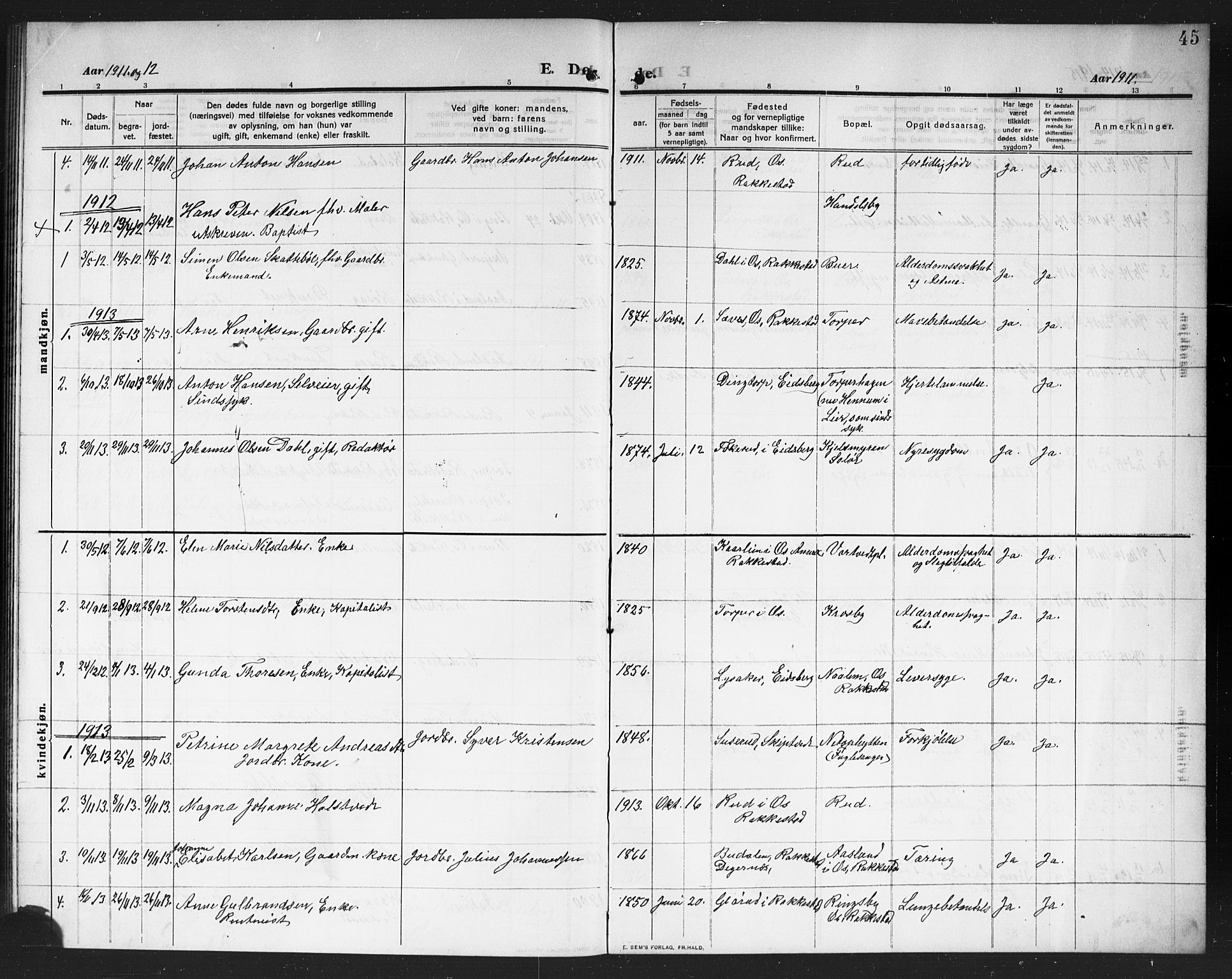 Rakkestad prestekontor Kirkebøker, AV/SAO-A-2008/G/Gc/L0002: Parish register (copy) no. III 2, 1909-1920, p. 45