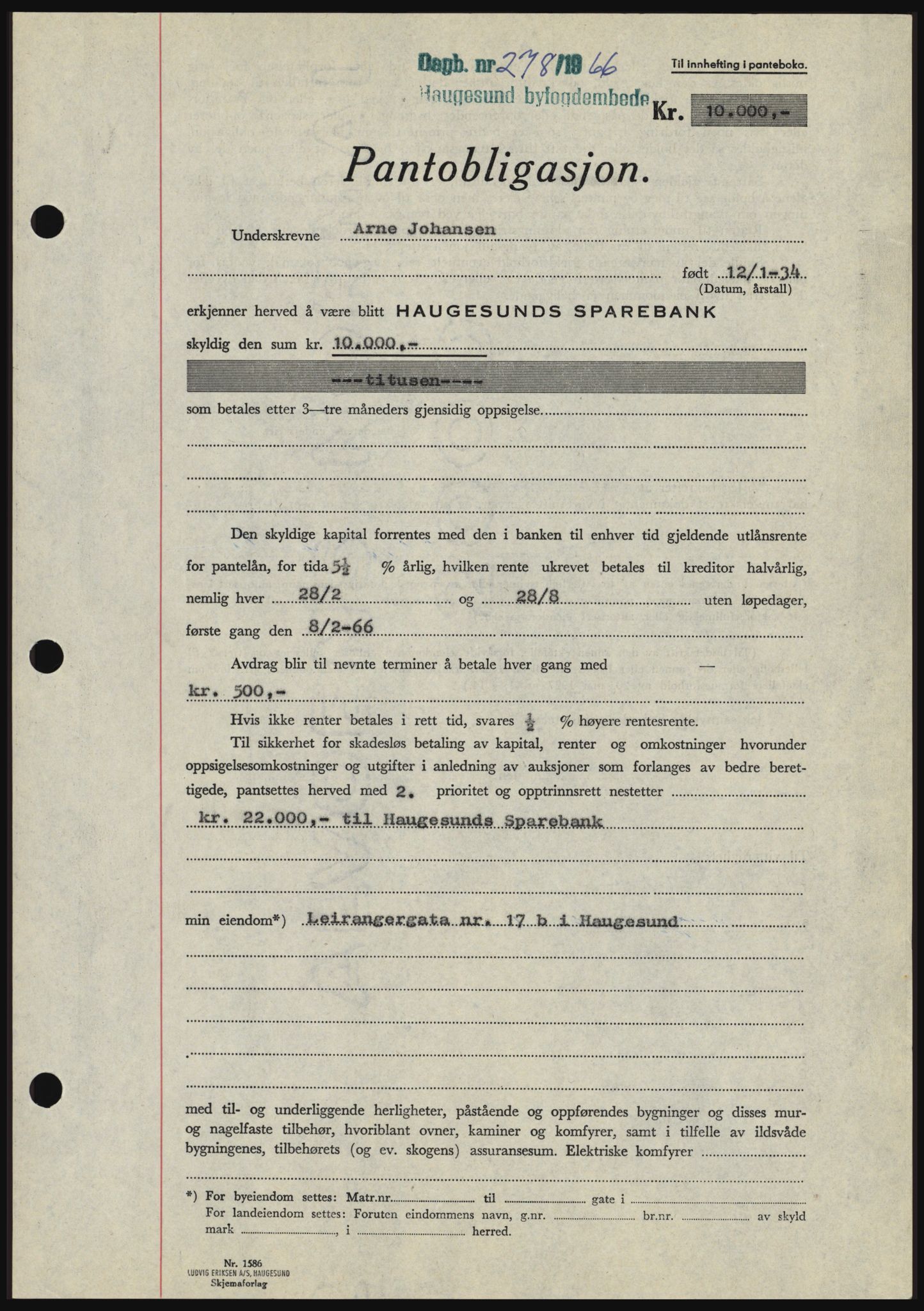 Haugesund tingrett, SAST/A-101415/01/II/IIC/L0054: Mortgage book no. B 54, 1965-1966, Diary no: : 278/1966