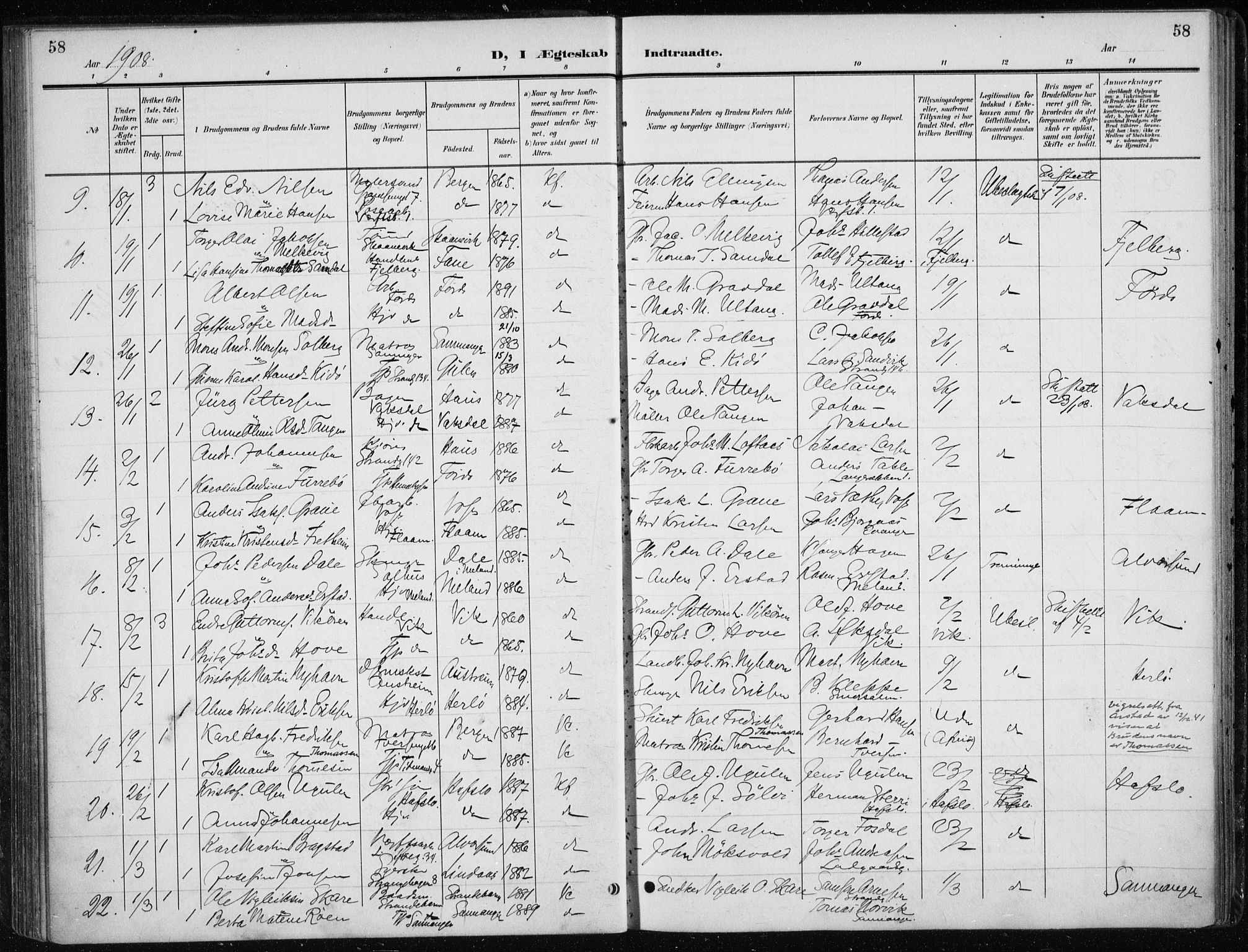 Nykirken Sokneprestembete, AV/SAB-A-77101/H/Haa/L0035: Parish register (official) no. D 5, 1905-1913, p. 58