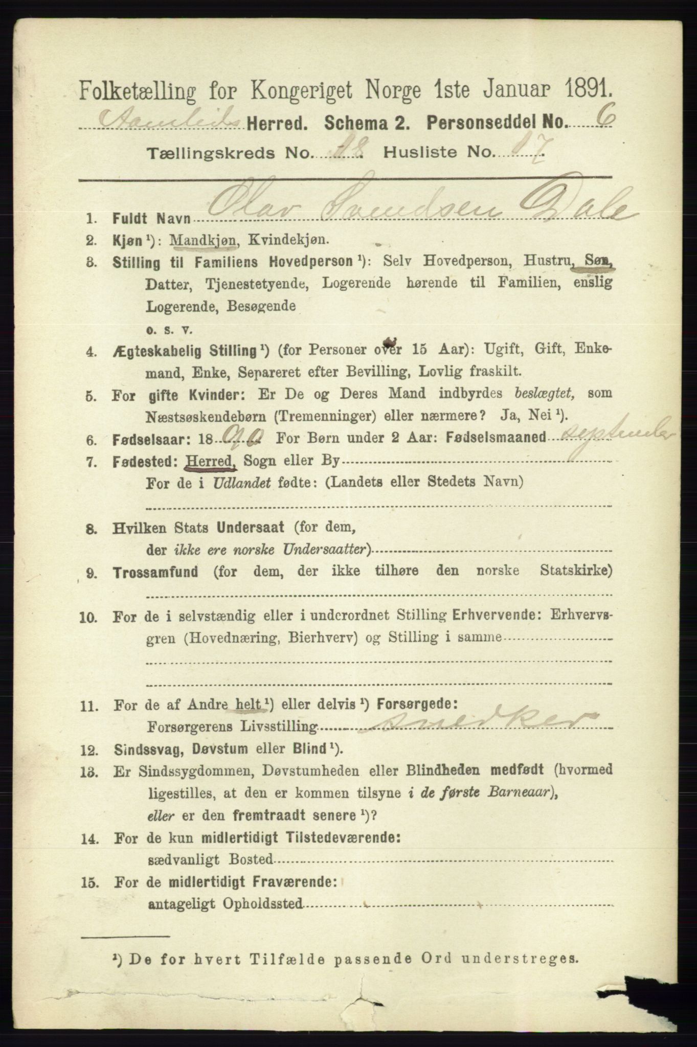 RA, 1891 census for 0929 Åmli, 1891, p. 3124