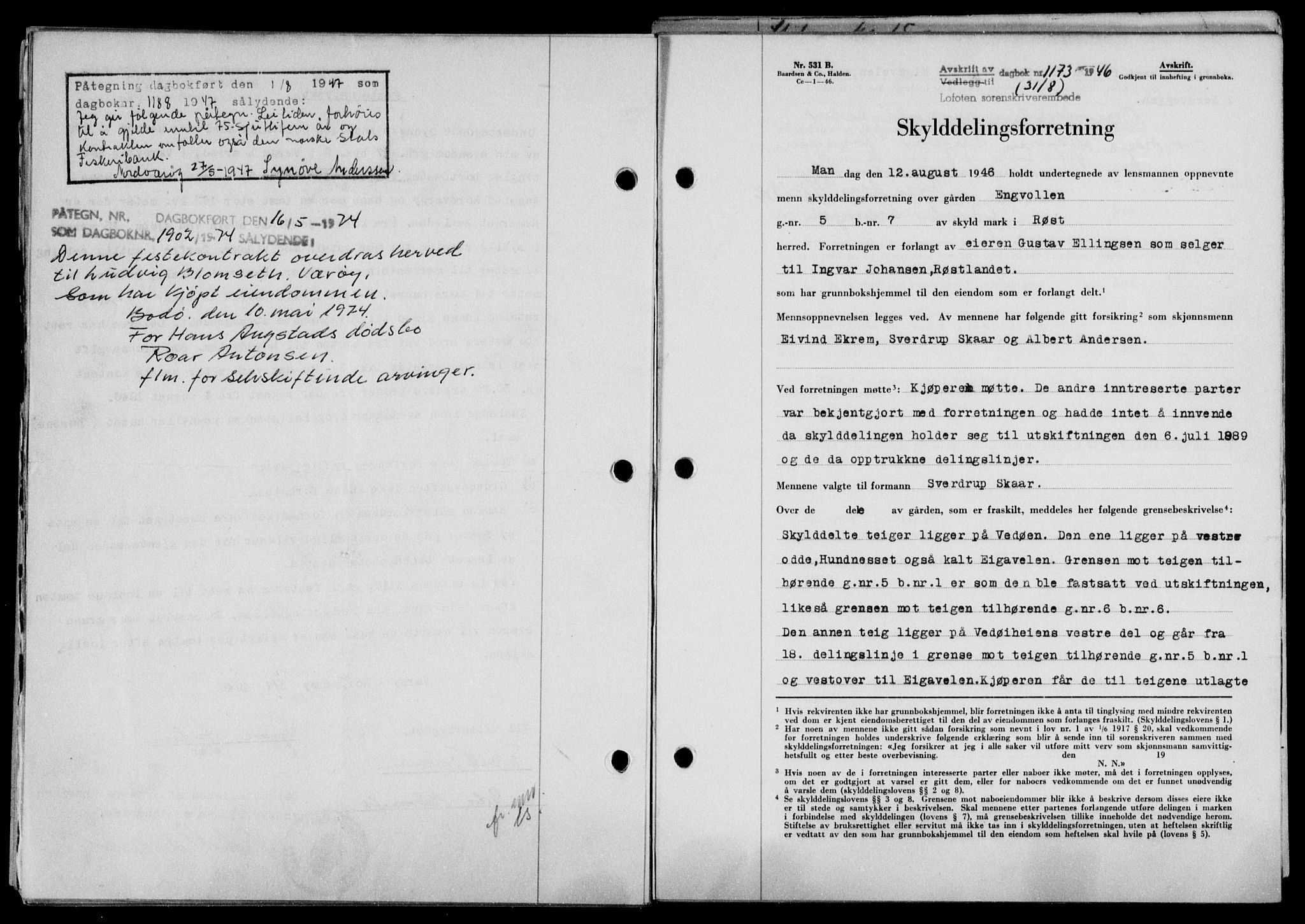 Lofoten sorenskriveri, SAT/A-0017/1/2/2C/L0014a: Mortgage book no. 14a, 1946-1946, Diary no: : 1173/1946