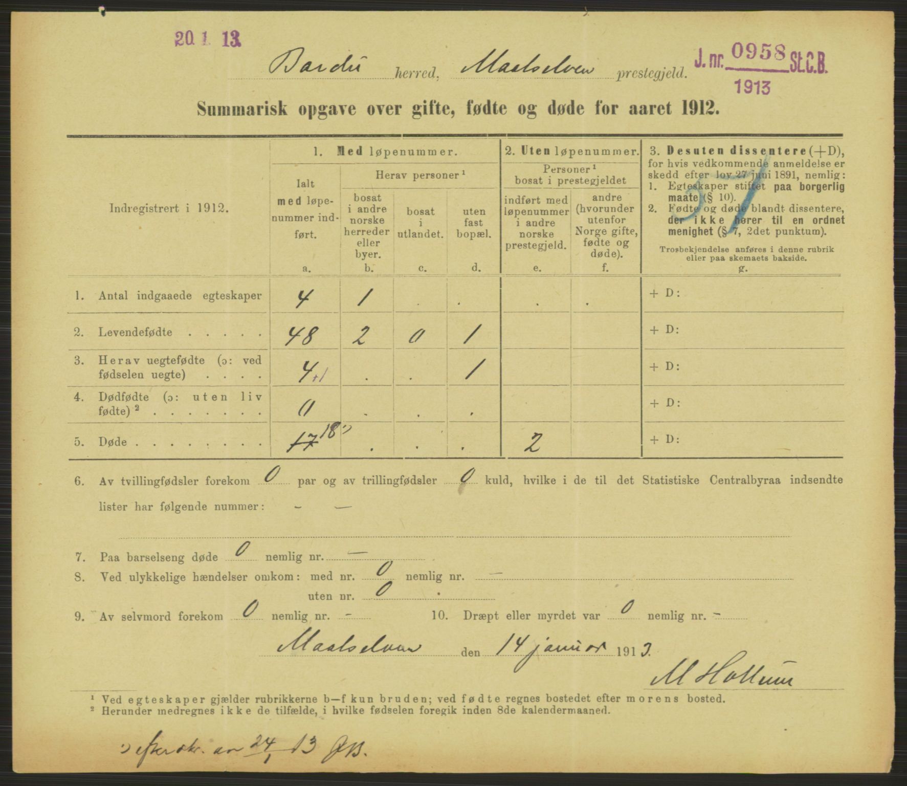 Statistisk sentralbyrå, Sosiodemografiske emner, Befolkning, RA/S-2228/D/Df/Dfb/Dfbb/L0052: Summariske oppgaver over gifte, fødte og døde for hele landet., 1912, p. 1493