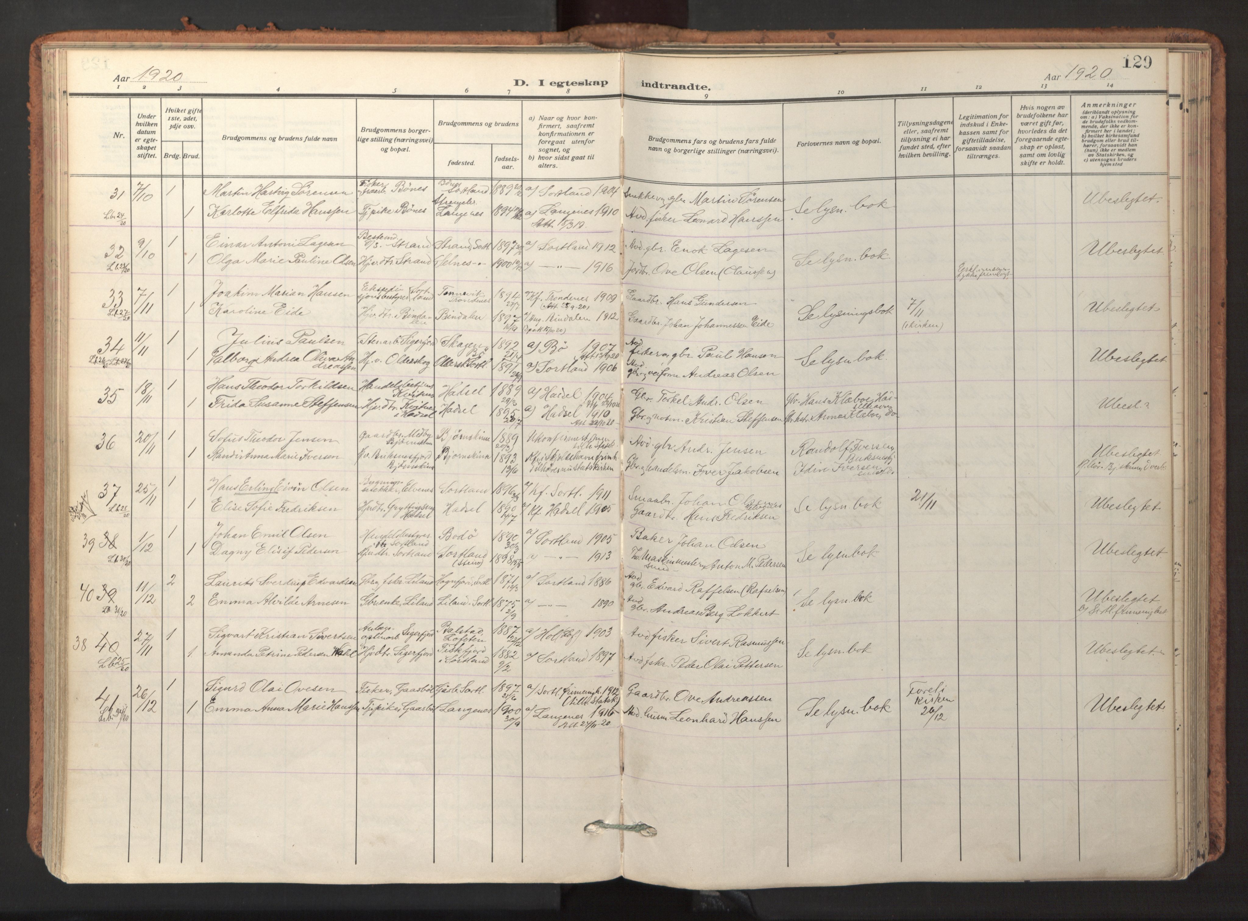 Ministerialprotokoller, klokkerbøker og fødselsregistre - Nordland, SAT/A-1459/895/L1374: Parish register (official) no. 895A09, 1915-1925, p. 129