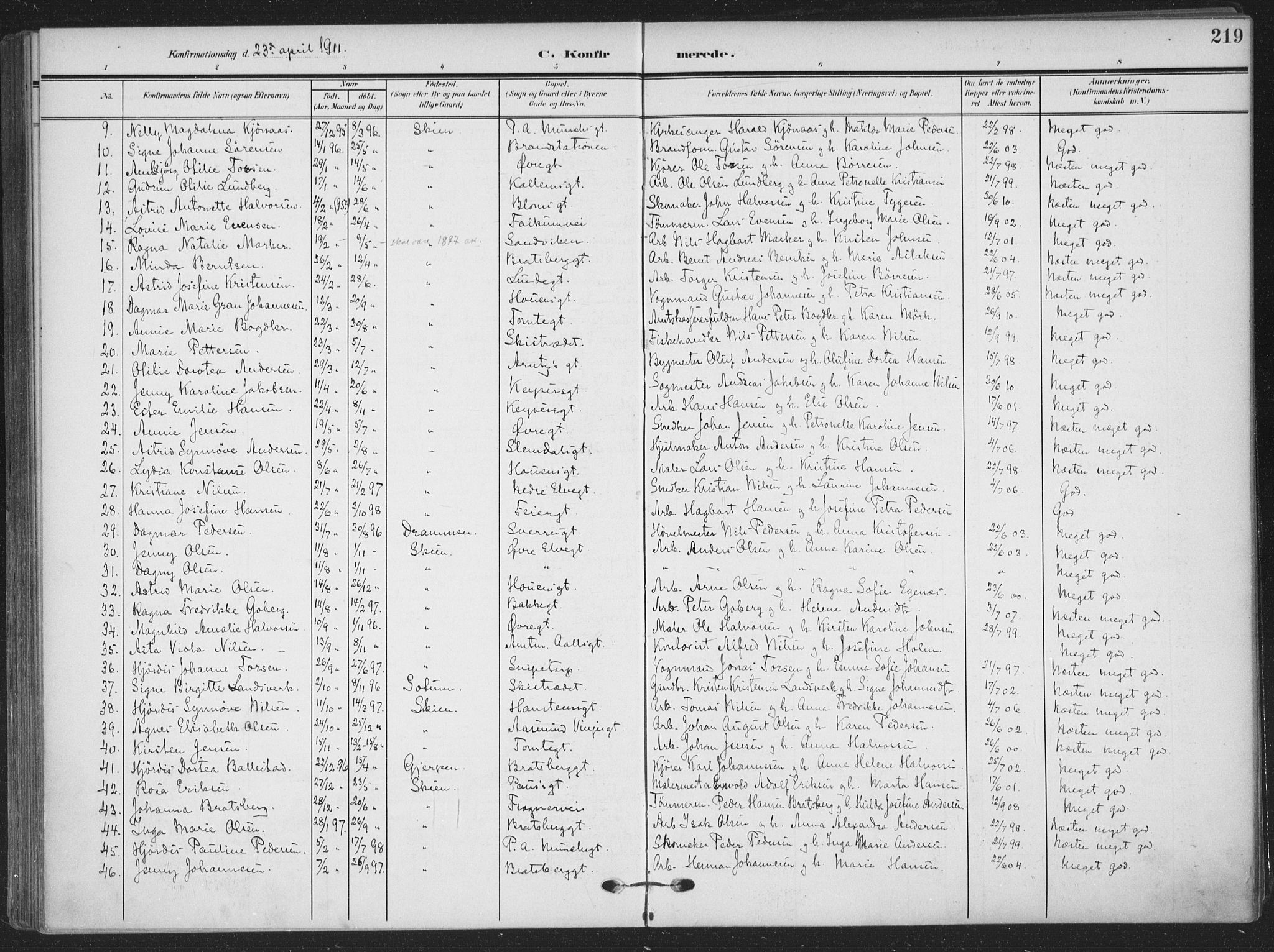 Skien kirkebøker, SAKO/A-302/F/Fa/L0012: Parish register (official) no. 12, 1908-1914, p. 219