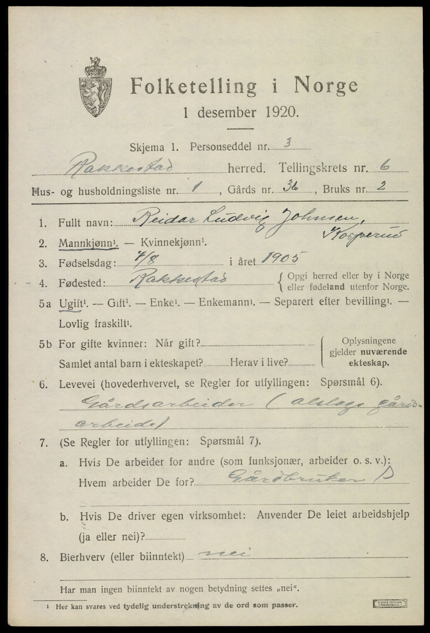 SAO, 1920 census for Rakkestad, 1920, p. 6647