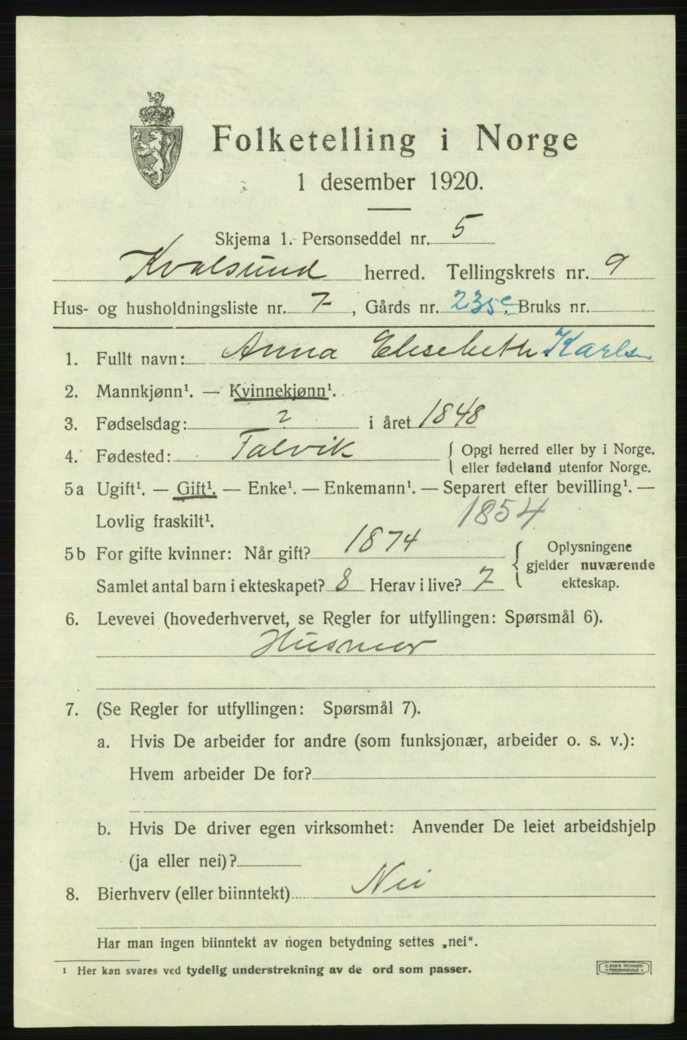 SATØ, 1920 census for , 1920, p. 2850