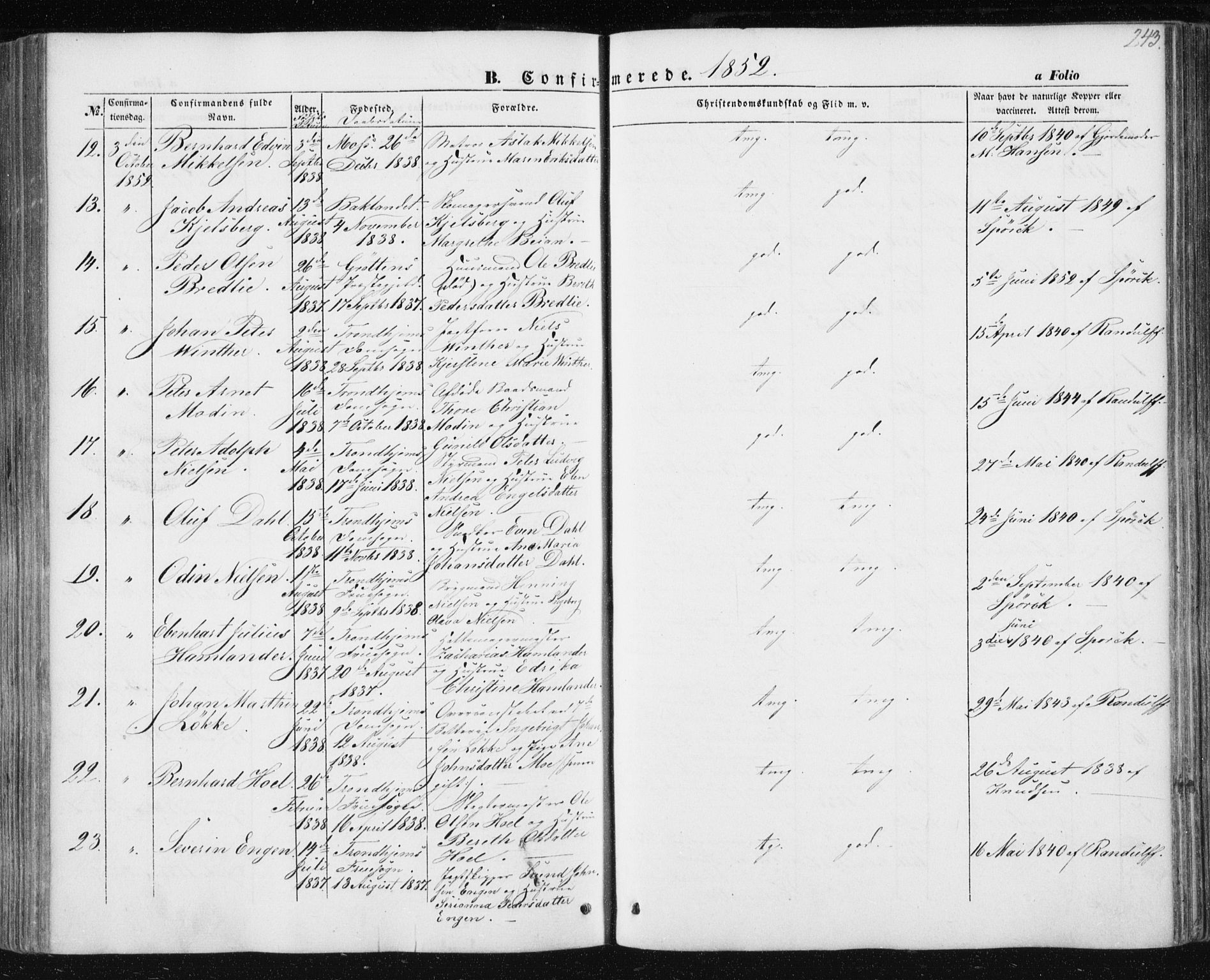 Ministerialprotokoller, klokkerbøker og fødselsregistre - Sør-Trøndelag, AV/SAT-A-1456/602/L0112: Parish register (official) no. 602A10, 1848-1859, p. 243