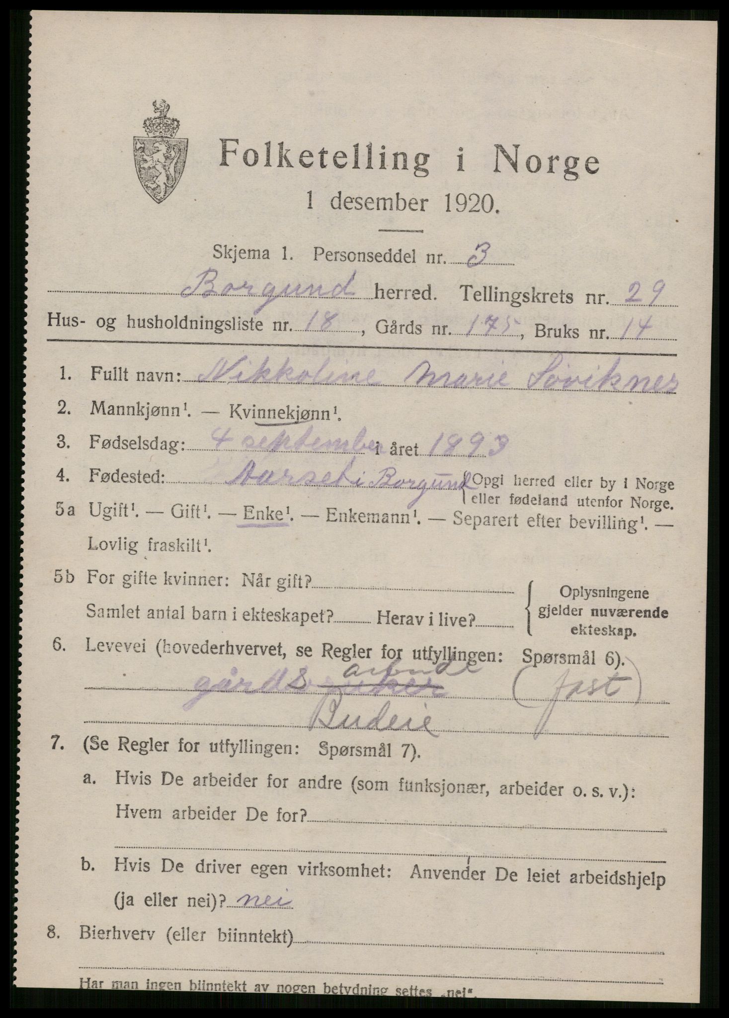SAT, 1920 census for Borgund, 1920, p. 18862