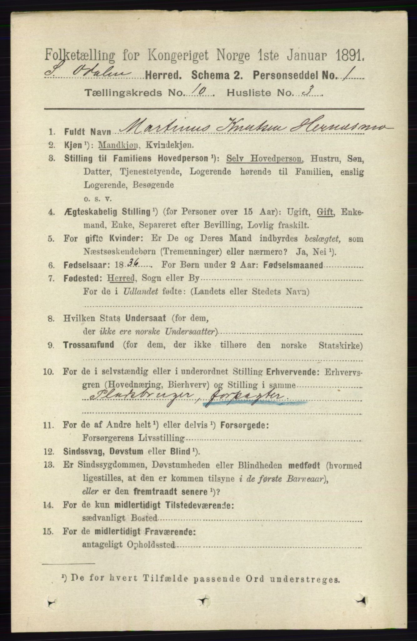 RA, 1891 census for 0419 Sør-Odal, 1891, p. 4374