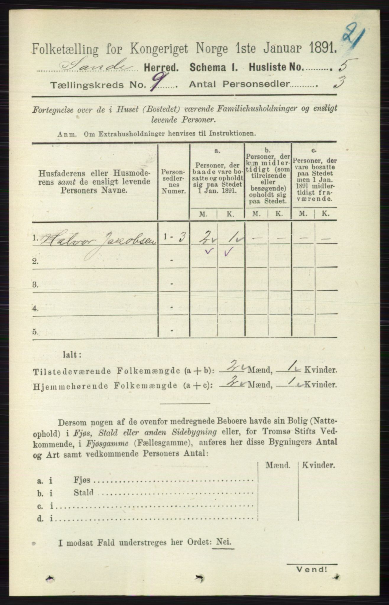 RA, 1891 census for 0713 Sande, 1891, p. 3849