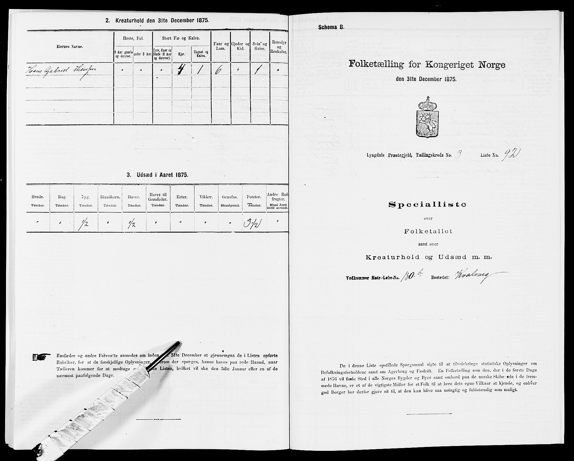 SAK, 1875 census for 1032P Lyngdal, 1875, p. 662