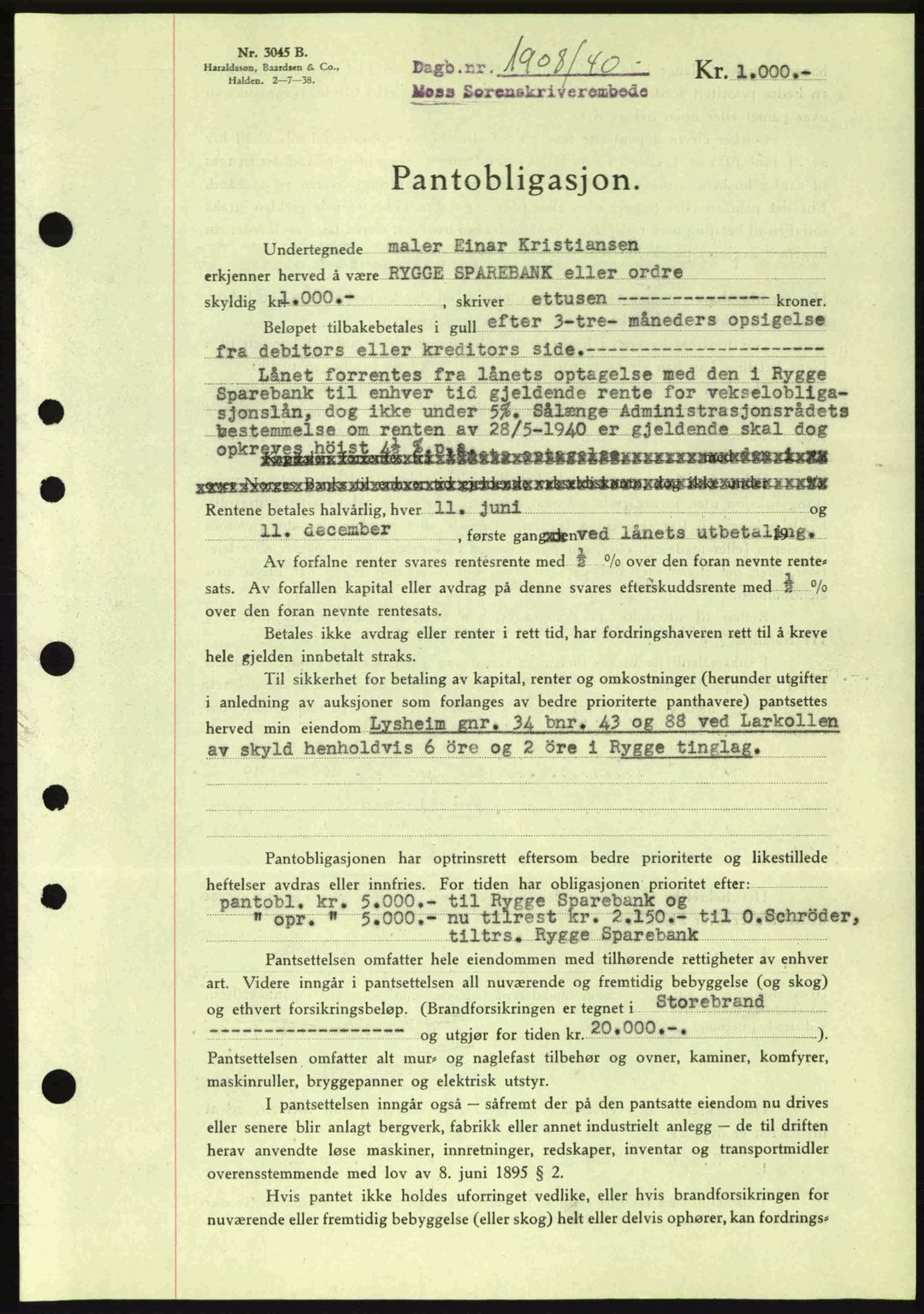 Moss sorenskriveri, SAO/A-10168: Mortgage book no. B10, 1940-1941, Diary no: : 1908/1940