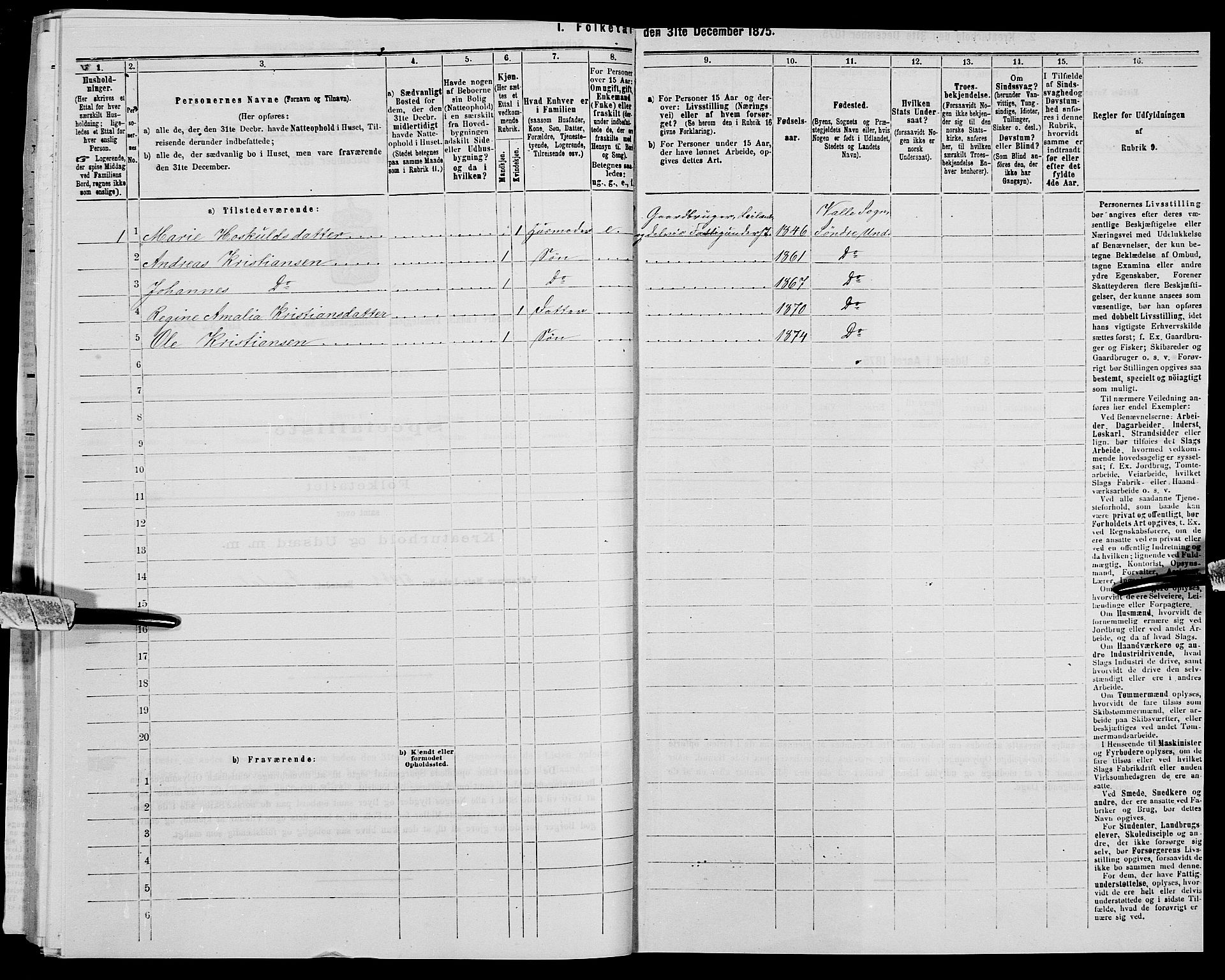 SAK, 1875 census for 1029P Sør-Audnedal, 1875, p. 1062