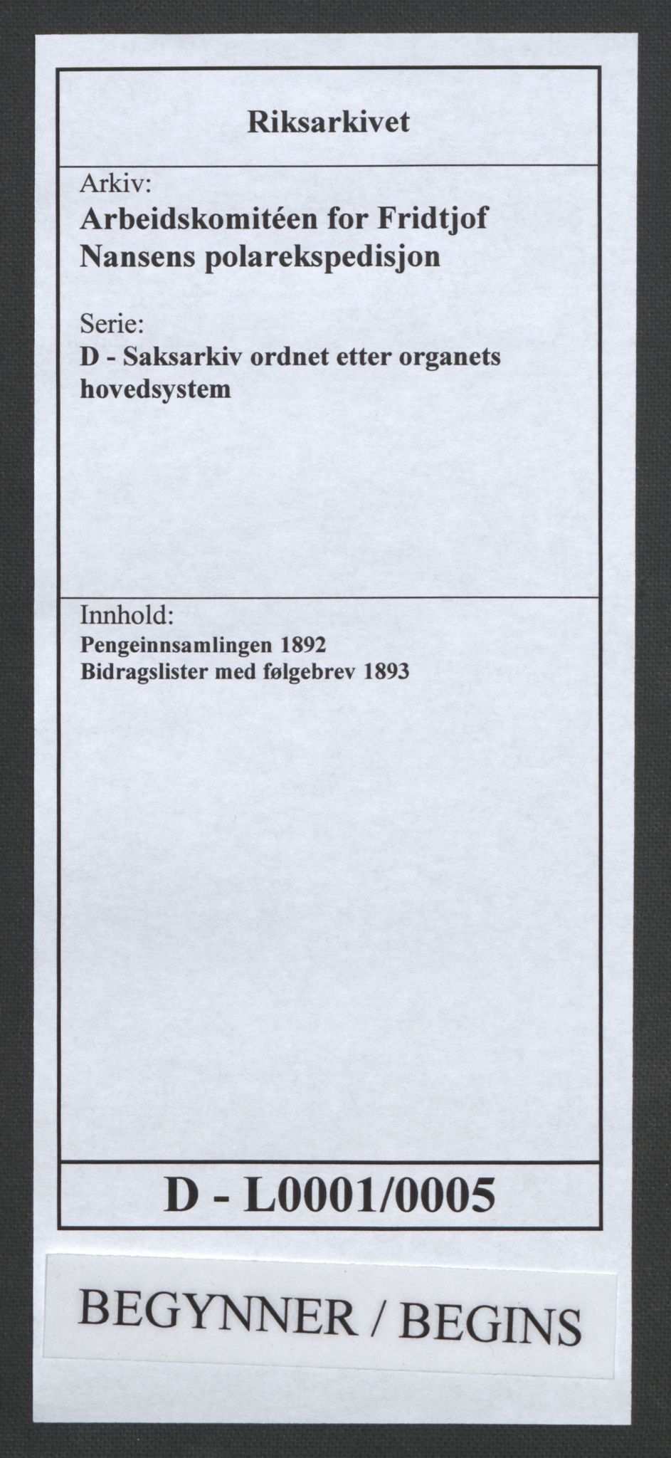 Arbeidskomitéen for Fridtjof Nansens polarekspedisjon, RA/PA-0061/D/L0001/0005: Pengeinnsamlingen / Bidragslister med følgebrev, 1893, p. 1