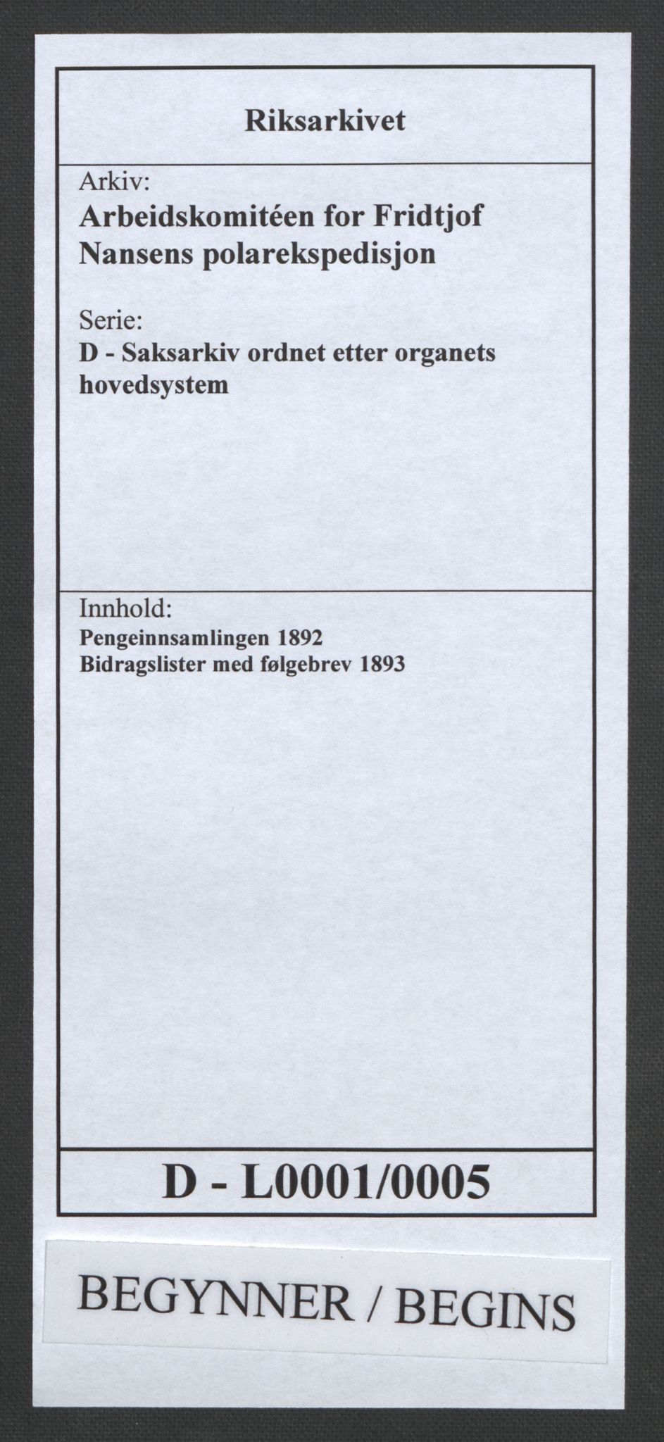 Arbeidskomitéen for Fridtjof Nansens polarekspedisjon, AV/RA-PA-0061/D/L0001/0005: Pengeinnsamlingen / Bidragslister med følgebrev, 1893, p. 1