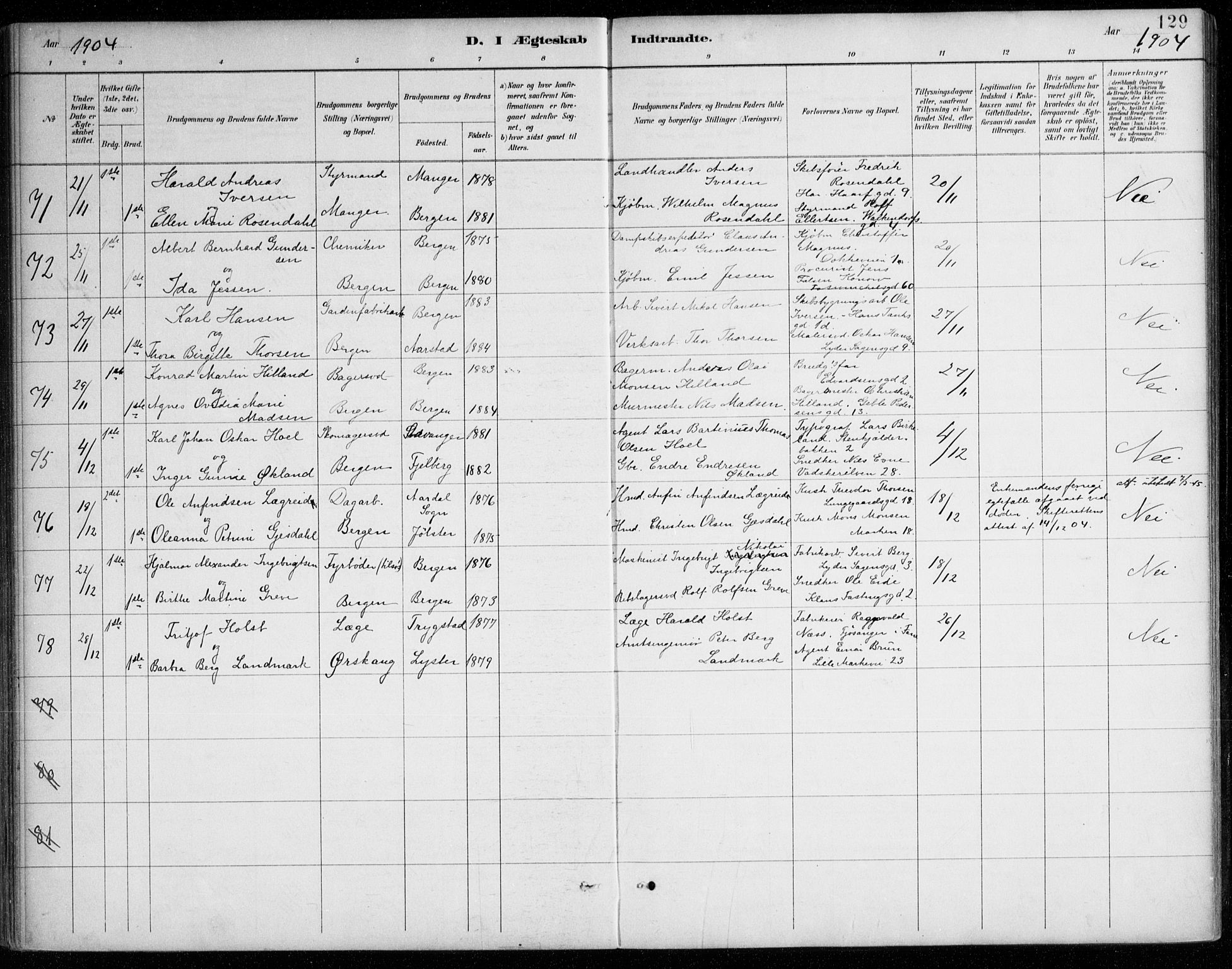 Johanneskirken sokneprestembete, SAB/A-76001/H/Haa/L0012: Parish register (official) no. D 1, 1885-1912, p. 129