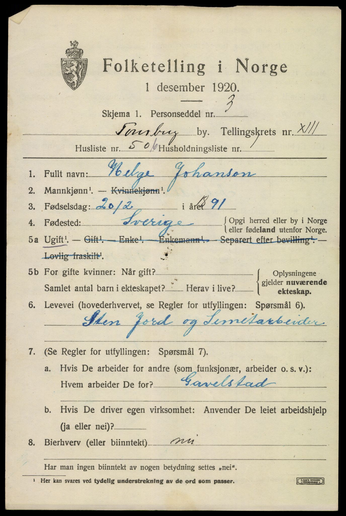 SAKO, 1920 census for Tønsberg, 1920, p. 22399