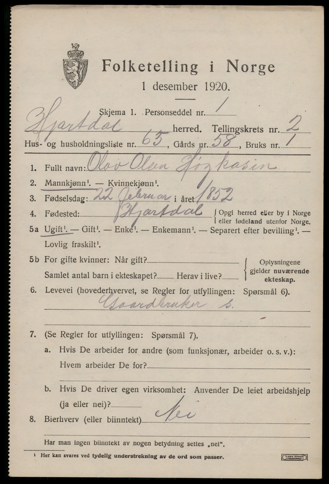 SAKO, 1920 census for Hjartdal, 1920, p. 2514