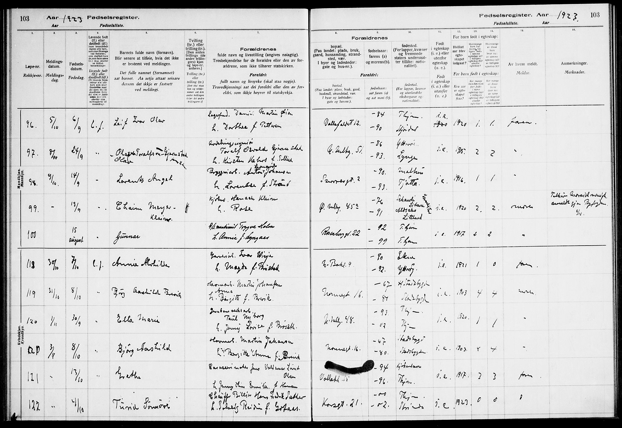 Ministerialprotokoller, klokkerbøker og fødselsregistre - Sør-Trøndelag, AV/SAT-A-1456/604/L0233: Birth register no. 604.II.4.2, 1920-1928, p. 103