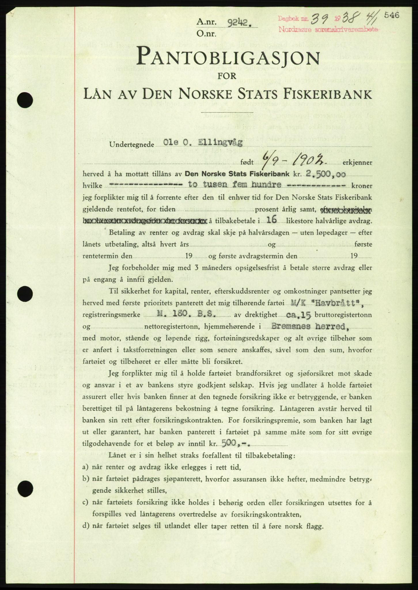 Nordmøre sorenskriveri, AV/SAT-A-4132/1/2/2Ca/L0092: Mortgage book no. B82, 1937-1938, Diary no: : 39/1938