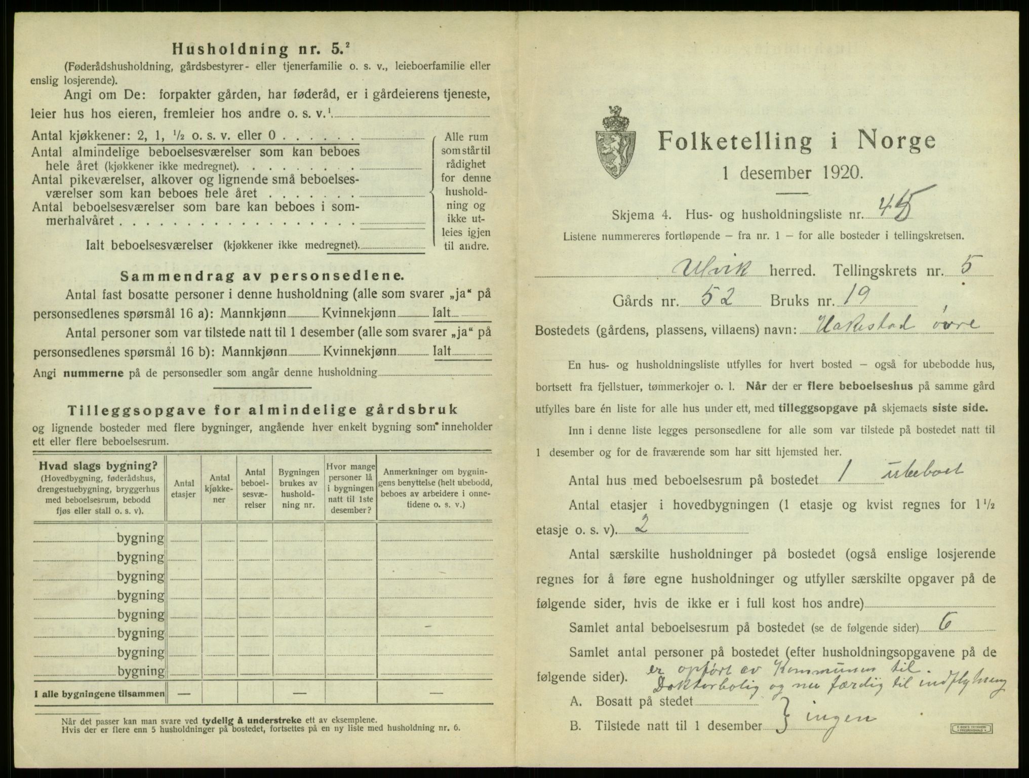 SAB, 1920 census for Ulvik, 1920, p. 47