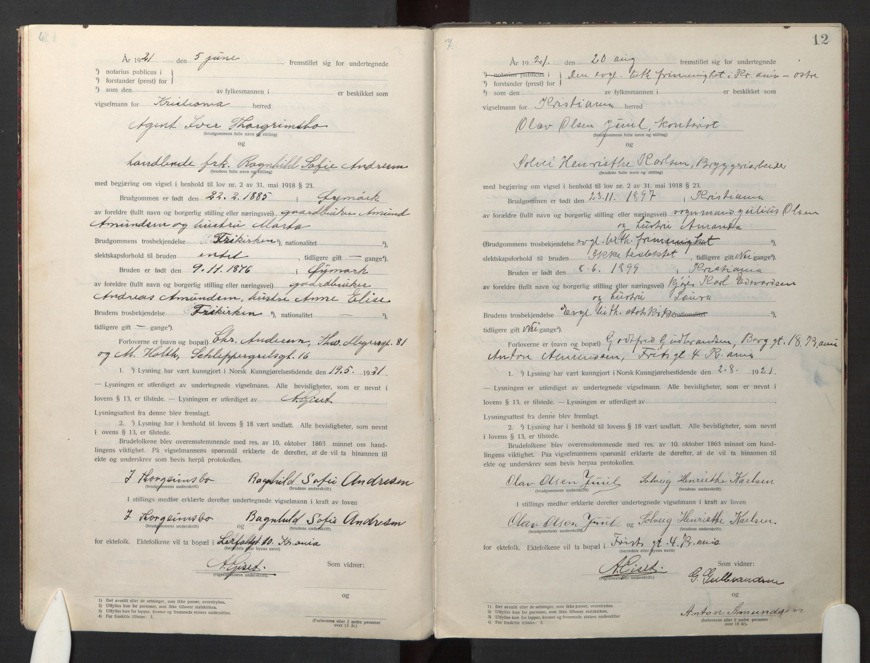 Den evangelisk-lutherske frikirke østre menighet, Oslo, AV/SAO-PAO-0245/F/L0005: Marriage register (dissenter) no. 5, 1920-1941, p. 12