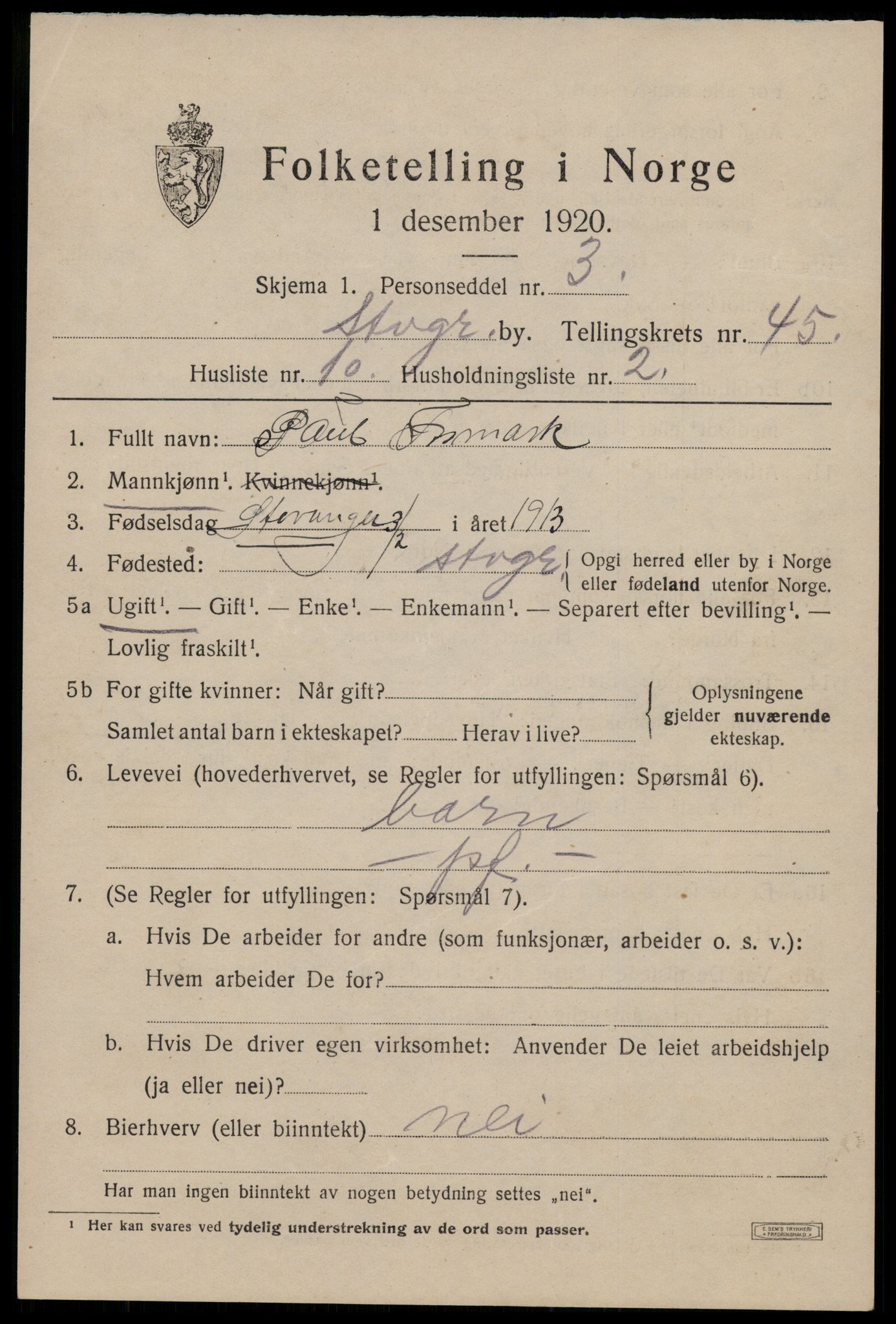 SAST, 1920 census for Stavanger, 1920, p. 110310