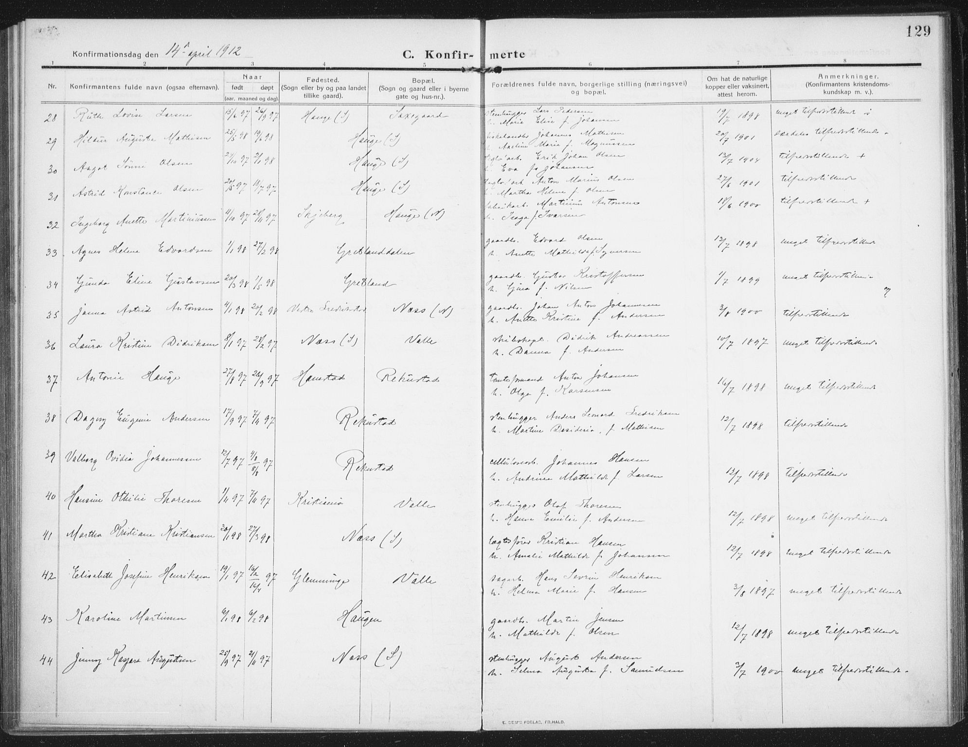 Rolvsøy prestekontor Kirkebøker, AV/SAO-A-2004/F/Fa/L0002: Parish register (official) no. 2, 1909-1917, p. 129