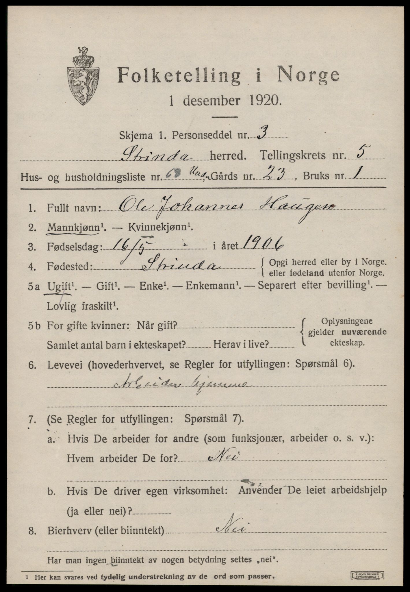 SAT, 1920 census for Strinda, 1920, p. 14444