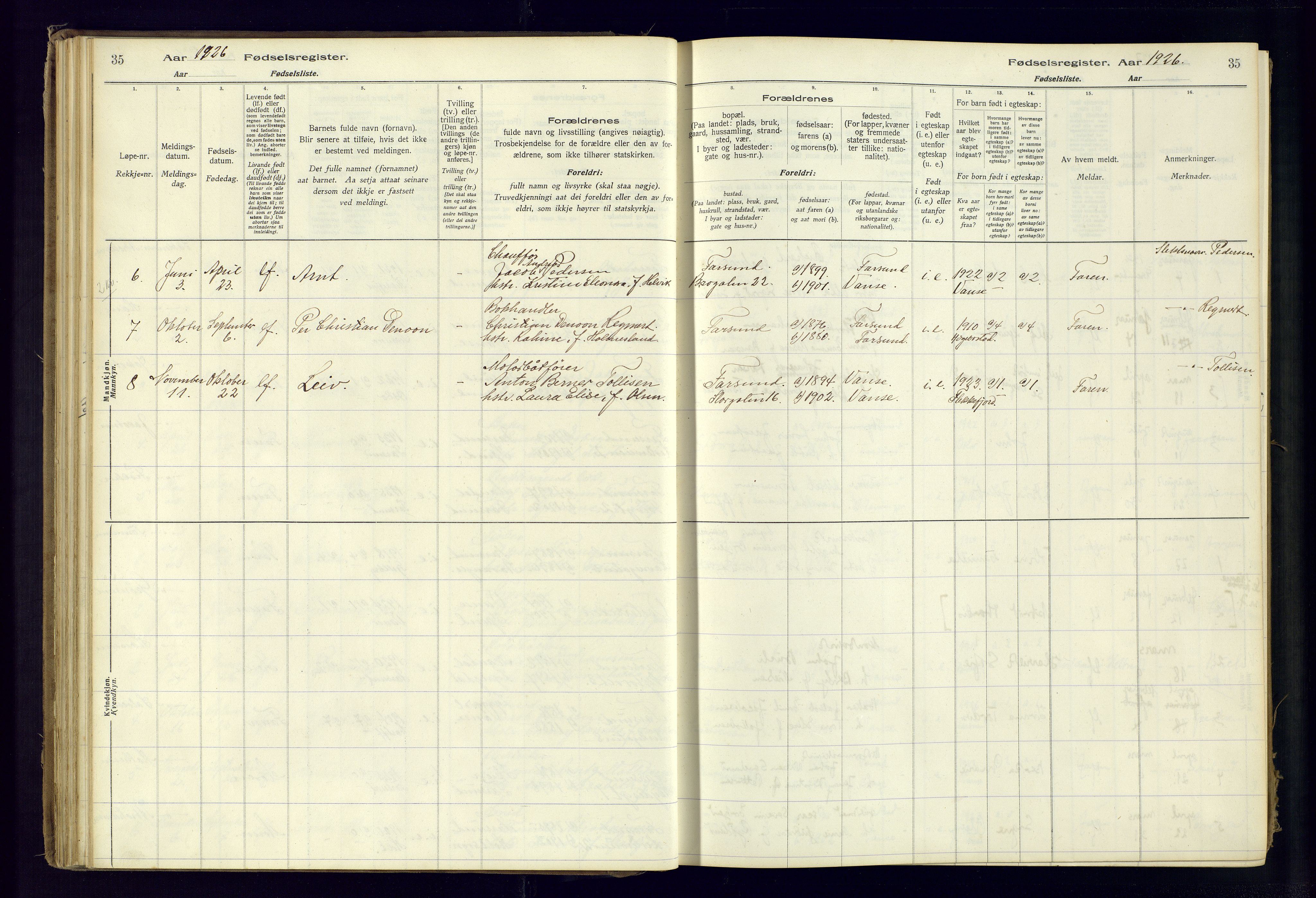Farsund sokneprestkontor, SAK/1111-0009/J/Ja/L0001: Birth register no. A-VI-8, 1916-1950, p. 35
