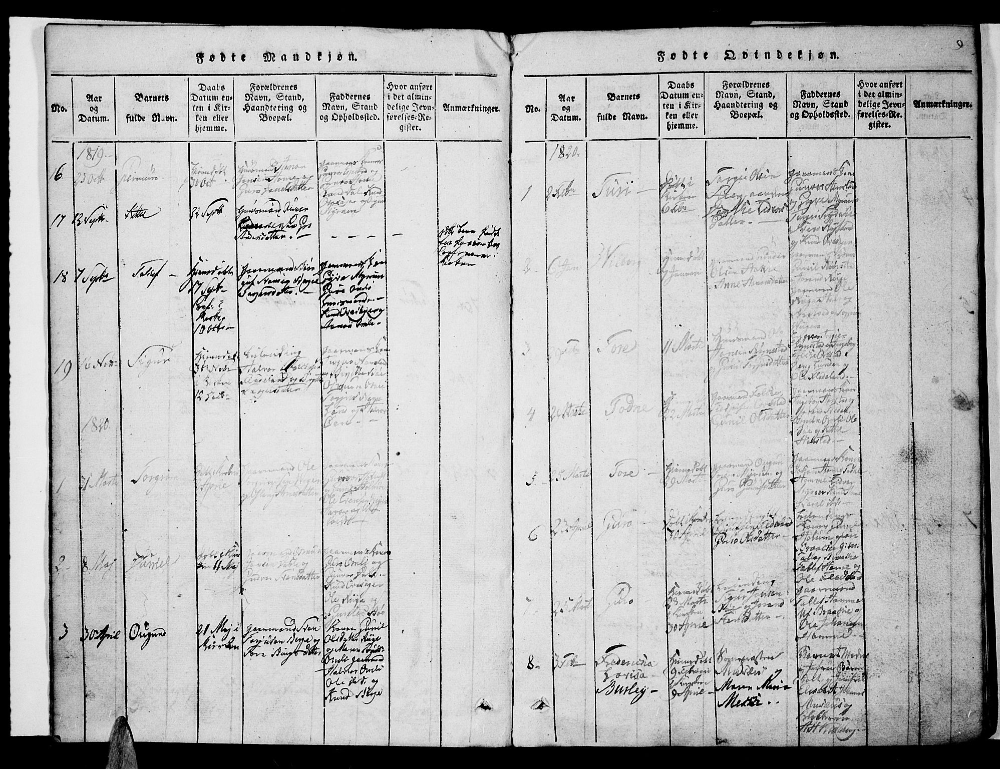 Valle sokneprestkontor, AV/SAK-1111-0044/F/Fb/Fbc/L0001: Parish register (copy) no. B 1 /1, 1816-1829, p. 9