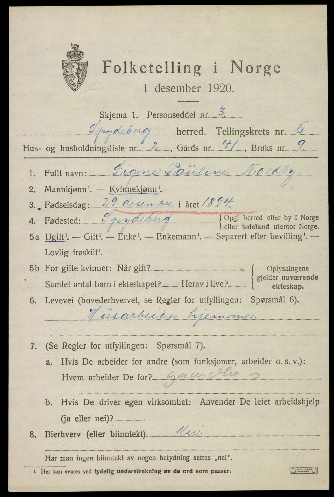 SAO, 1920 census for Spydeberg, 1920, p. 6149