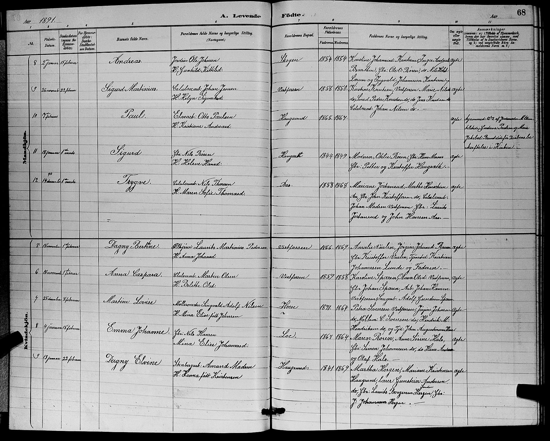 Eiker kirkebøker, AV/SAKO-A-4/G/Ga/L0006: Parish register (copy) no. I 6, 1885-1893, p. 68