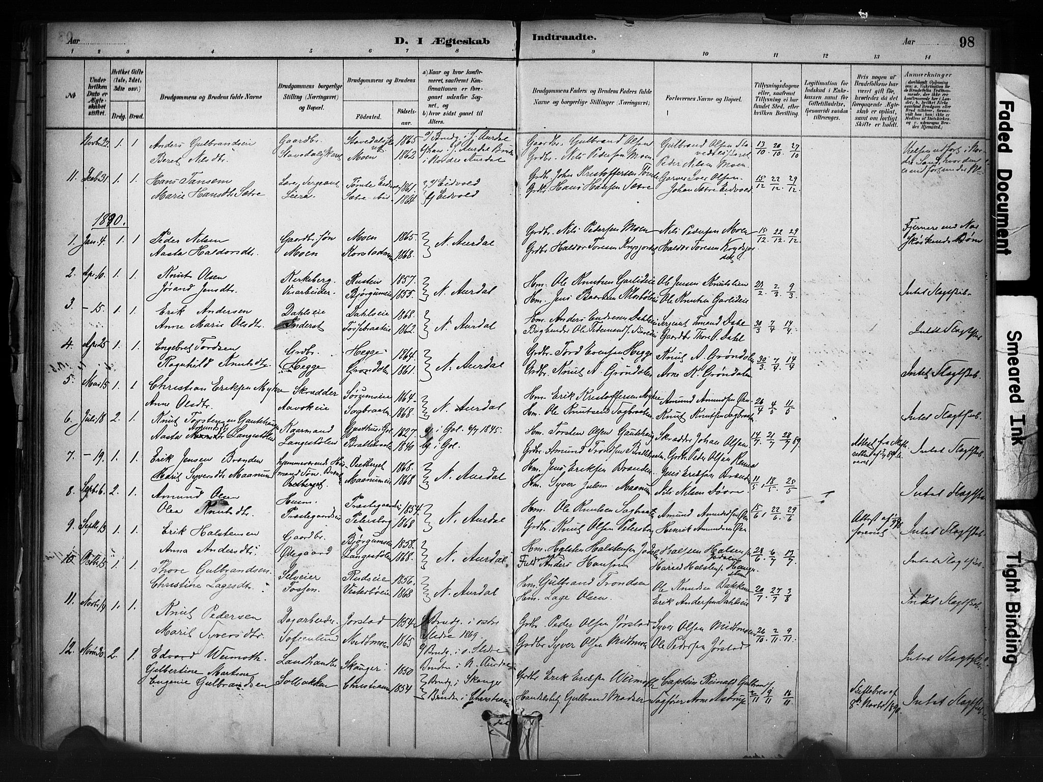 Nord-Aurdal prestekontor, SAH/PREST-132/H/Ha/Haa/L0013: Parish register (official) no. 13, 1883-1895, p. 98
