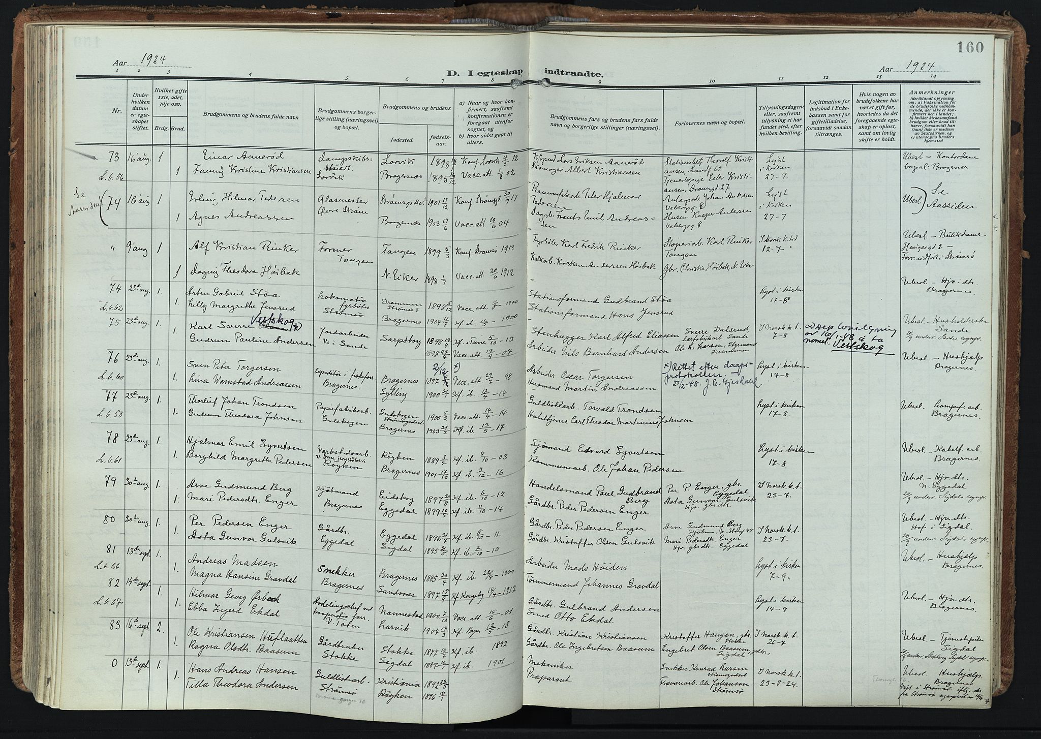 Bragernes kirkebøker, SAKO/A-6/F/Fc/L0009: Parish register (official) no. III 9, 1921-1939, p. 160