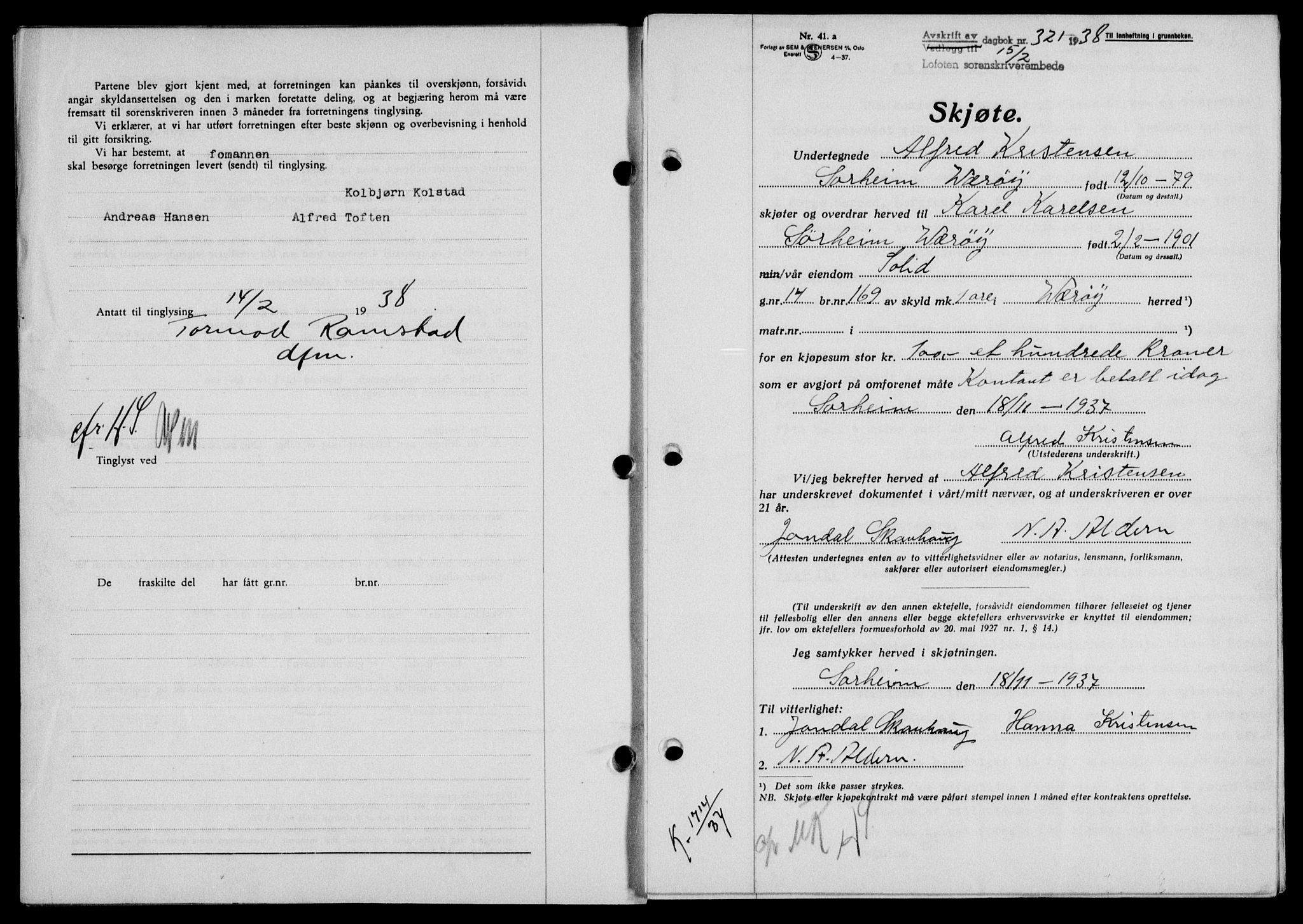 Lofoten sorenskriveri, SAT/A-0017/1/2/2C/L0003a: Mortgage book no. 3a, 1937-1938, Diary no: : 321/1938