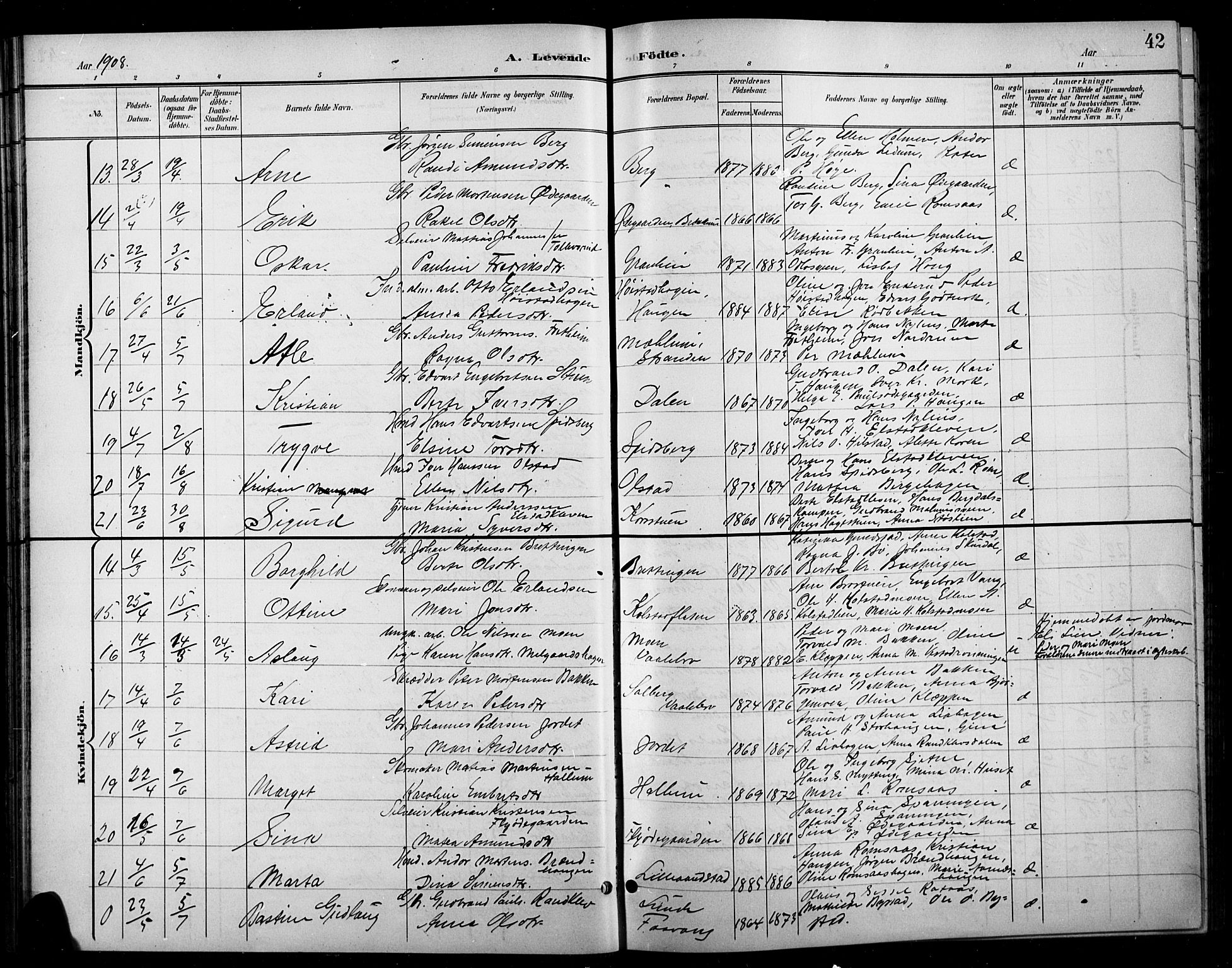 Ringebu prestekontor, AV/SAH-PREST-082/H/Ha/Hab/L0009: Parish register (copy) no. 9, 1899-1921, p. 42