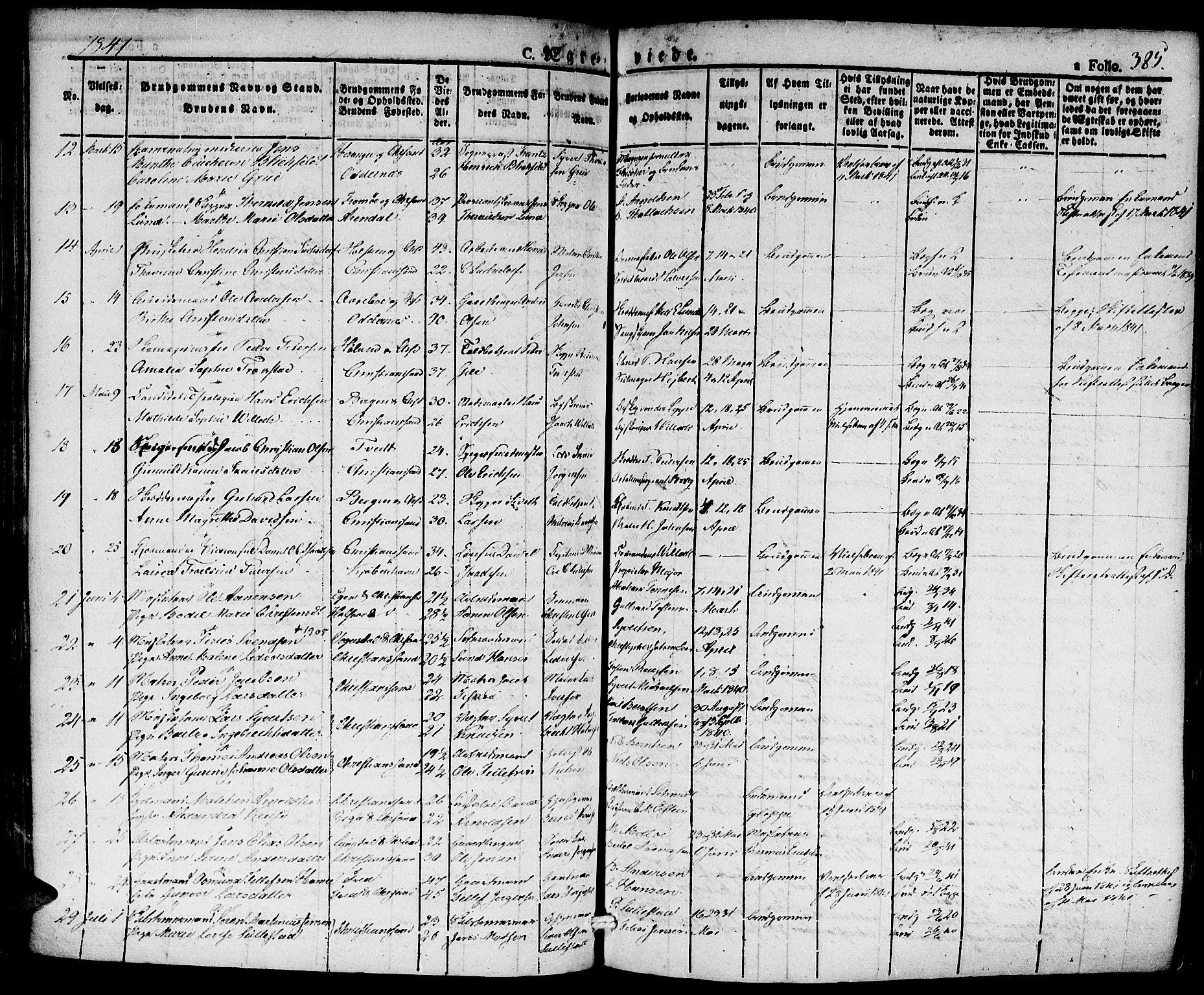Kristiansand domprosti, SAK/1112-0006/F/Fa/L0011: Parish register (official) no. A 11, 1827-1841, p. 385