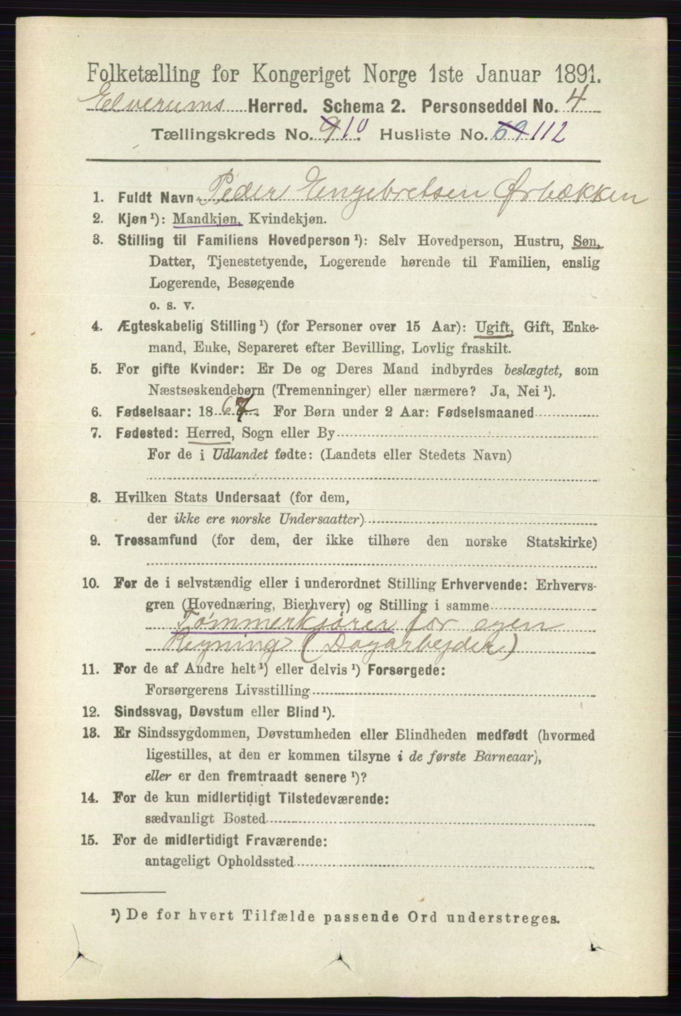 RA, 1891 census for 0427 Elverum, 1891, p. 8927