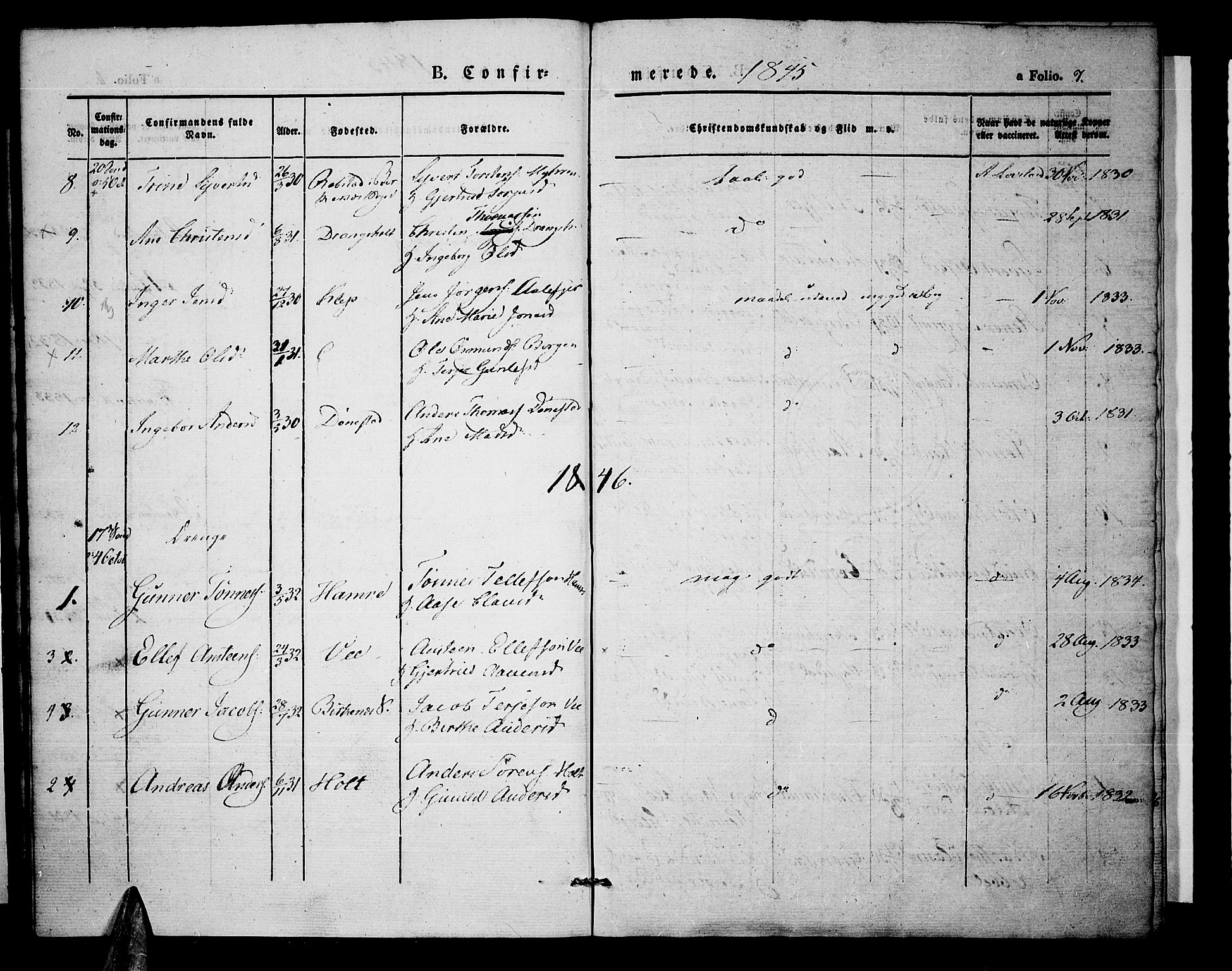 Tveit sokneprestkontor, AV/SAK-1111-0043/F/Fa/L0004: Parish register (official) no. A 4, 1843-1852, p. 7