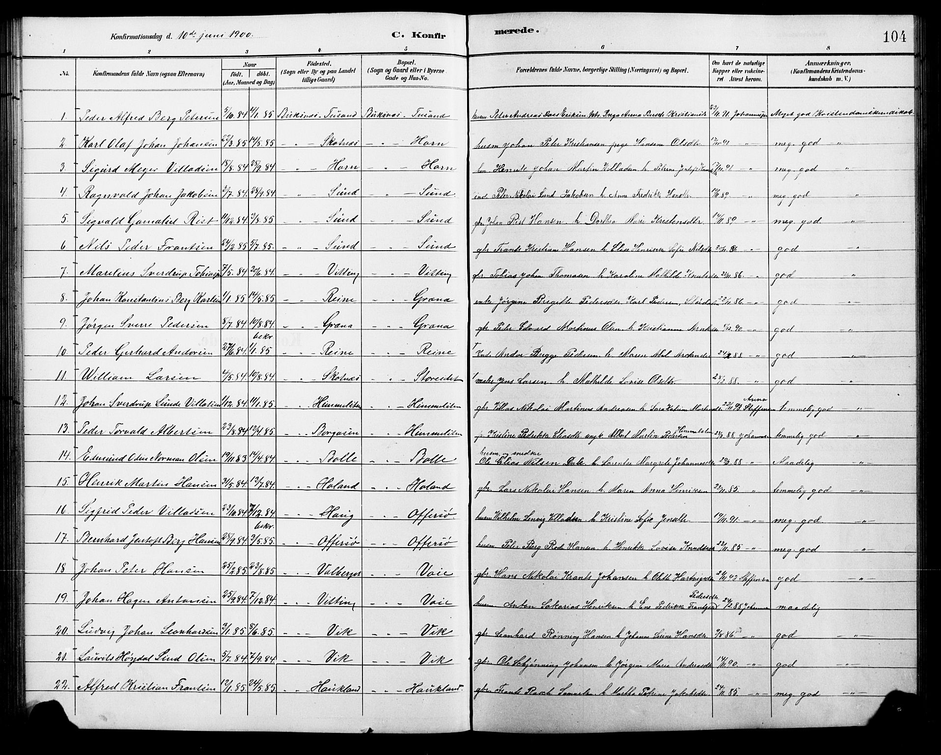 Ministerialprotokoller, klokkerbøker og fødselsregistre - Nordland, AV/SAT-A-1459/881/L1168: Parish register (copy) no. 881C05, 1900-1911, p. 104