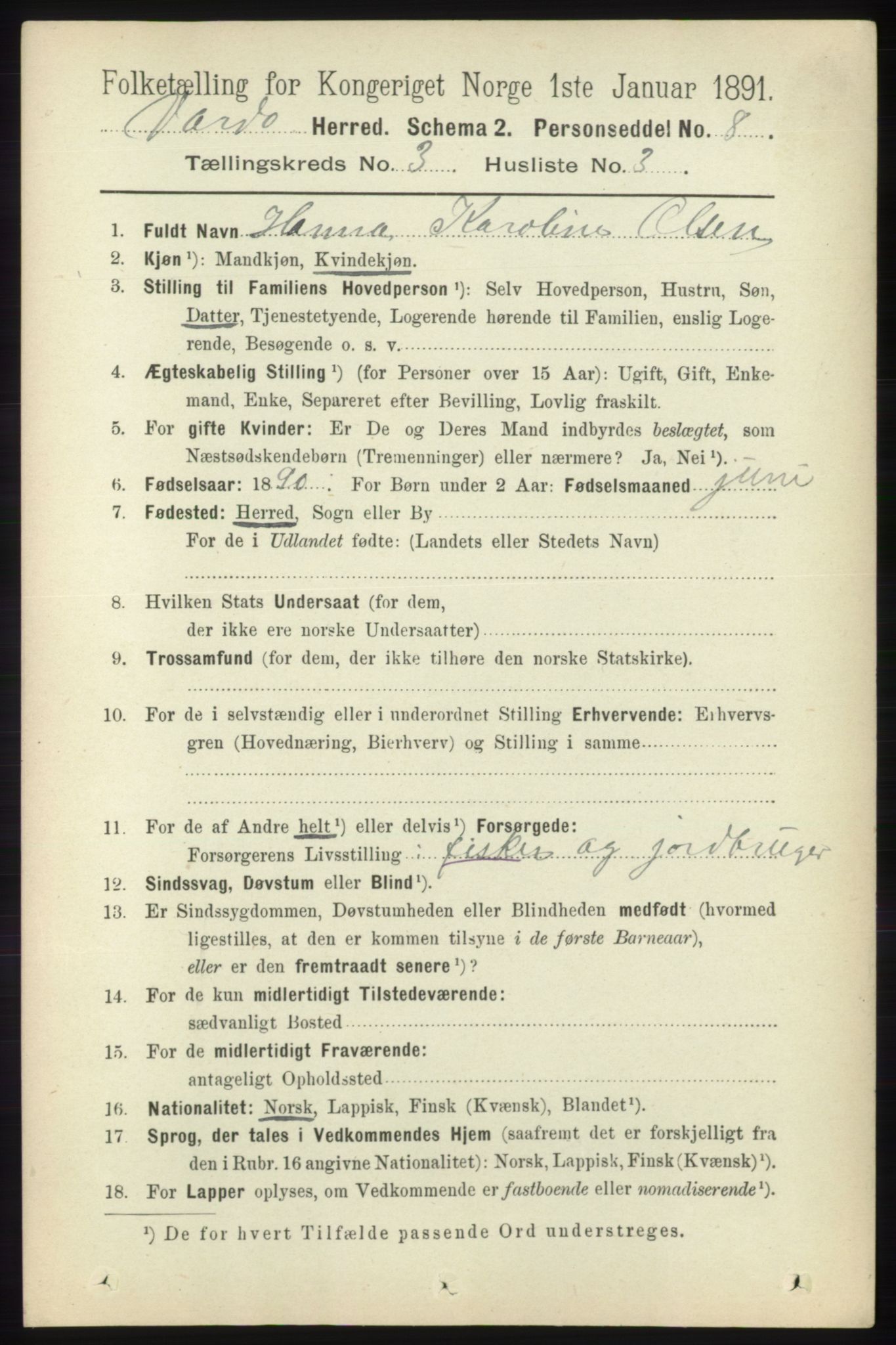 RA, 1891 census for 2028 Vardø, 1891, p. 834