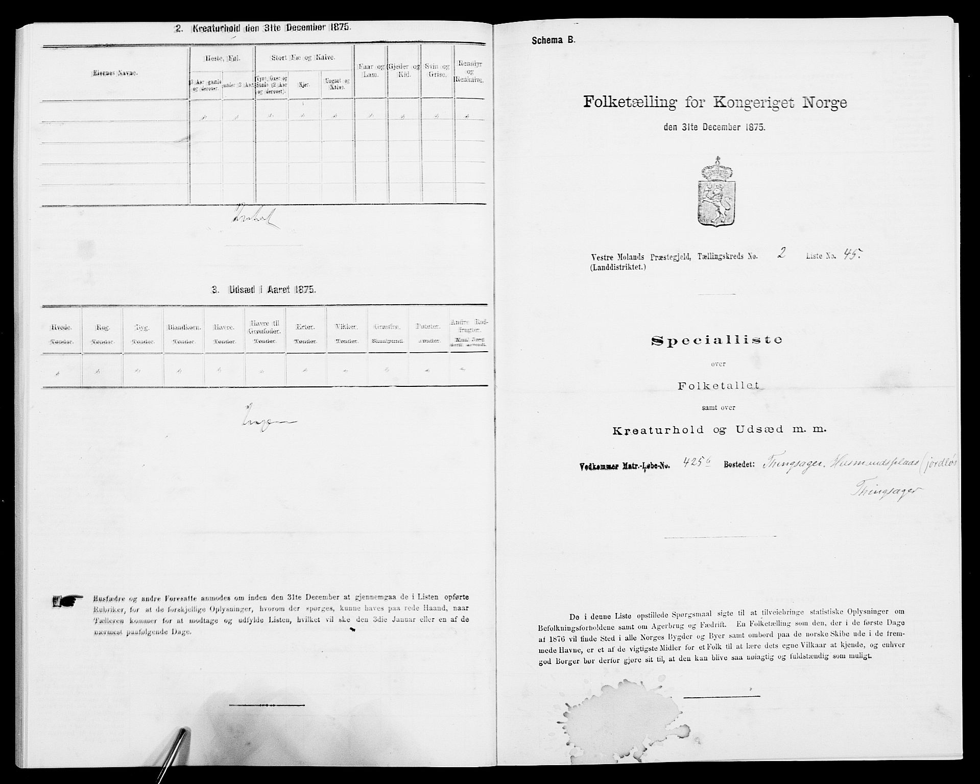 SAK, 1875 census for 0926L Vestre Moland/Vestre Moland, 1875, p. 264