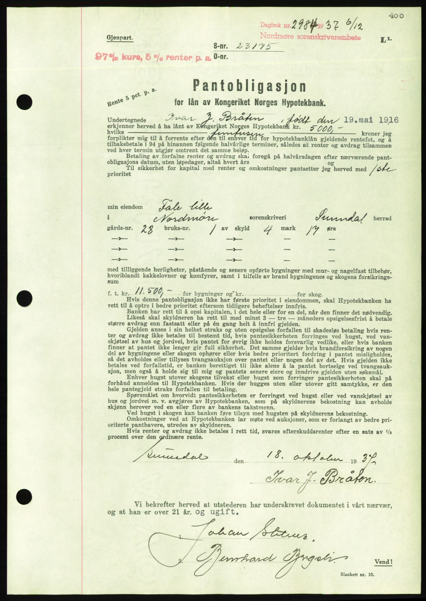 Nordmøre sorenskriveri, AV/SAT-A-4132/1/2/2Ca/L0092: Mortgage book no. B82, 1937-1938, Diary no: : 2984/1937