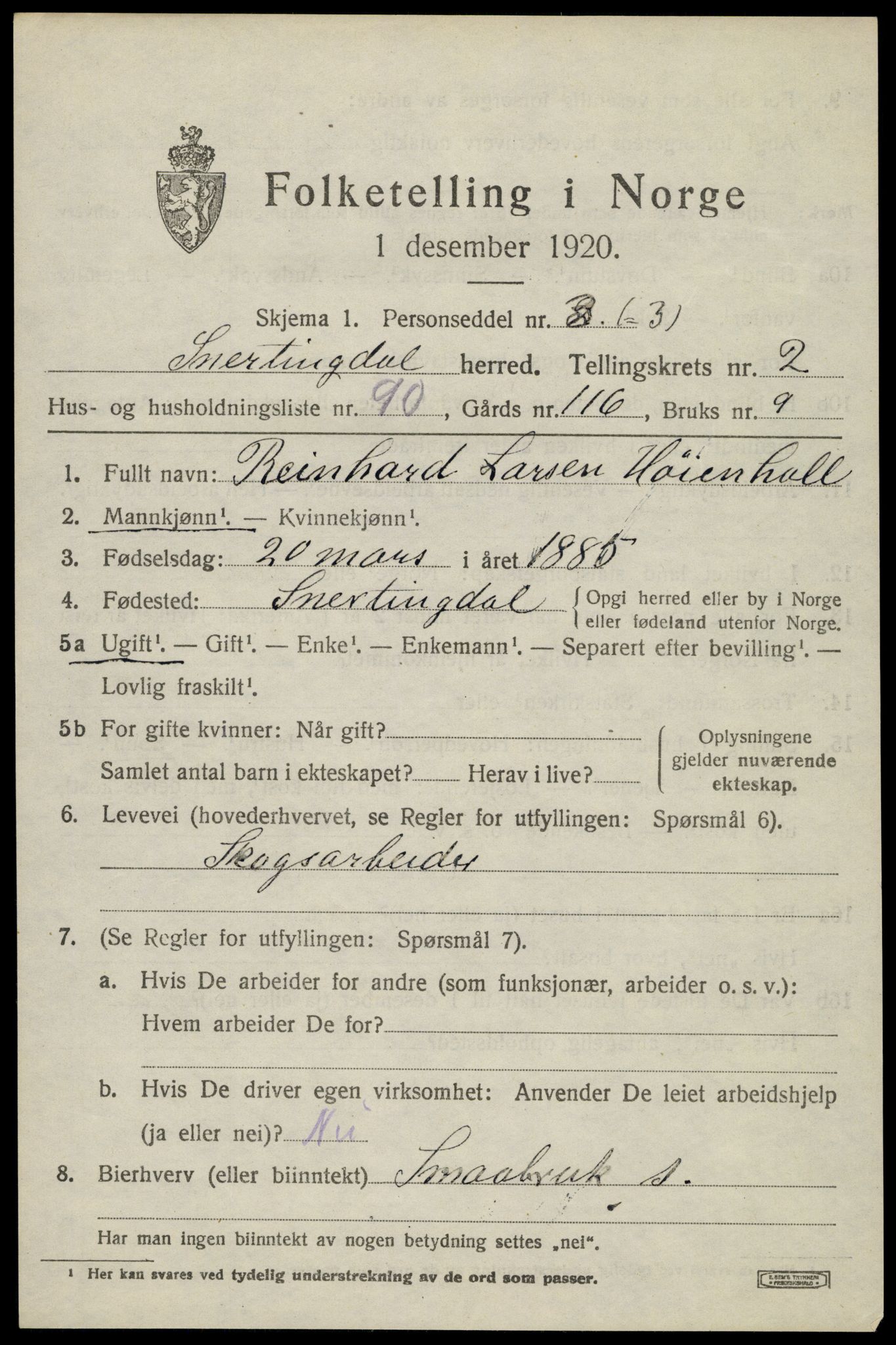 SAH, 1920 census for Snertingdal, 1920, p. 2559