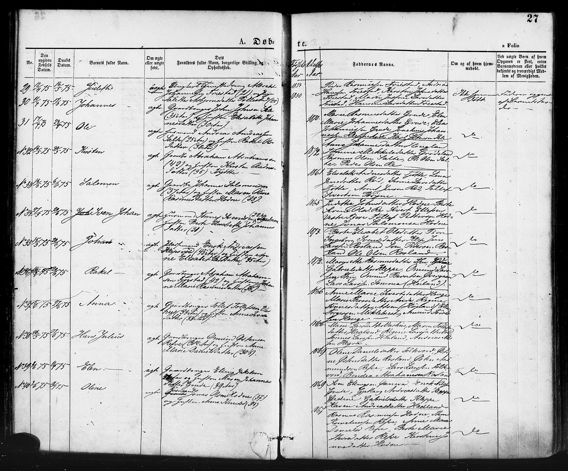 Klepp sokneprestkontor, AV/SAST-A-101803/001/3/30BA/L0006: Parish register (official) no. A 6, 1871-1885, p. 27